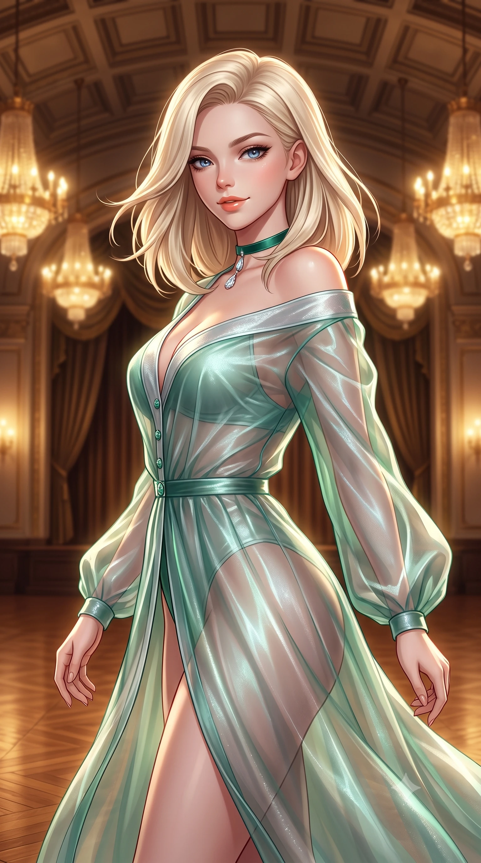 score_9, masterpiece, best quality, ultra-detailed, high-budget anime keyframe, semi-realistic 3D game render, editorial fashion photography, tasteful artistic composition, Caucasian woman. close-up cowboy shot from the waist and thighs up, the character dominates the composition, filling the frame with her large presence. turning slowly with an enchanting smoldering smile, her glossy hair tossing in the breeze as her hips angle gracefully in a captivating contrapposto while standing centered on the mirror-polished teak ballroom floor beneath the soaring coffered ceiling, arching her spine with queenly supermodel charisma. The background shows a soft-focus heavy velvet stage curtains softened in aristocratic Shanghai golden age shallow focus. She has an exceptionally elegant, slender, and willowy female figure with an ultra-slim waist, flat toned midriff, narrow ribcage, and sculpted feminine hips creating an alluring, slim hourglass silhouette without bulk. sharp v-shaped jawline, high-bridge nose, intricate jewel-like sparkling eyes with depth, thick eyelashes, glossy parted lips with a natural peach sheen, bright cheerful beaming smile with an enchanting and coquettish sensual glint, exuding both youthful cute charm and seductive allure, flawlessly proportioned anatomical accuracy, strict slender model proportions, natural body alignment, perfectly sculpted long slender limbs, ultra-slim waistline, clean dynamic posture without body distortion. wearing an alluring semi-sheer silk chiffon boudoir peignoir slipping off bare shoulders with delicate jade button accents in Nordic aurora emerald green and starlight silver, crafted from translucent silk organza with an ethereal crystalline sheen, finished with a thin velvet ribbon choker and a single teardrop diamond pendant, the liquid-tight tailored fabric clinging flawlessly to her narrow waist and rounded feminine hips, emphasizing every millimeter of her sculpted slim hourglass curves without any bulky heaviness. bathed in the opulent golden 2600K radiance of multi-tiered Art Deco chandeliers dimmed to an intimate evening glow. highly saturated vibrant anime colors, detailed shading with soft gradients, rich glossy textures, high-contrast stereoscopic depth, volumetric dynamic lighting, master piece, 9:16 ratio