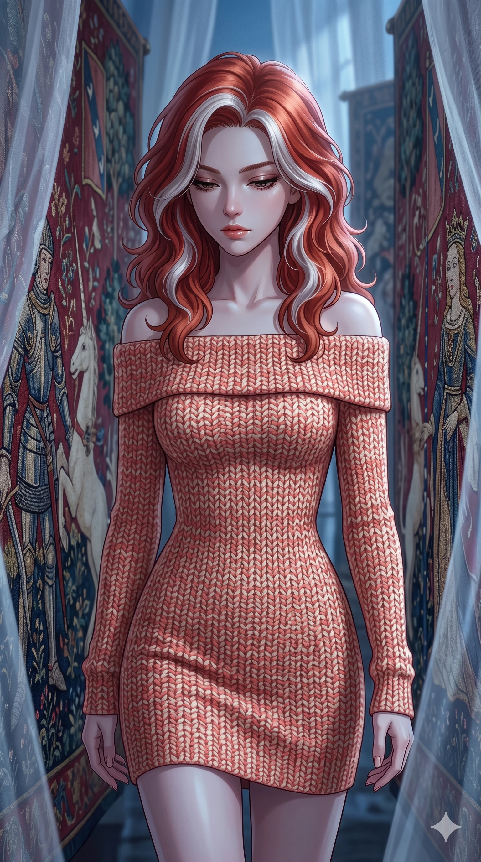 score_9, masterpiece, best quality, ultra-detailed, high-budget anime keyframe, editorial fashion photography, tasteful artistic composition, Caucasian woman, strictly human ears. close-up cowboy shot from the waist and thighs up, the character dominates the composition, filling the frame with her large presence, background elements kept in soft focus. Looking down with lowered lashes and a composed powerful expression. set against a soft-focus background of navigating through towering walls made of animated medieval tapestries where richly embroidered figures of knights unicorns and queens move gesture and follow with their stitched eyes. She has an exceptionally elegant and slender, willowy female figure with an ultra-slim waist, a gracefully sculpted slender torso, and a refined slim physique. sharp v-shaped jawline, high-bridge nose, intricate jewel-like eyes with depth, thick eyelashes, glossy lips with a natural sheen. wearing an off-shoulder fitted sweater dress in a two-tone weave of coral and cream wool, conforming perfectly to her slender willowy silhouette. cold silver moonlight filtered through translucent gossamer curtains casting delicate shadows. 2k, ultra detail, master piece, 9:16 ratio
