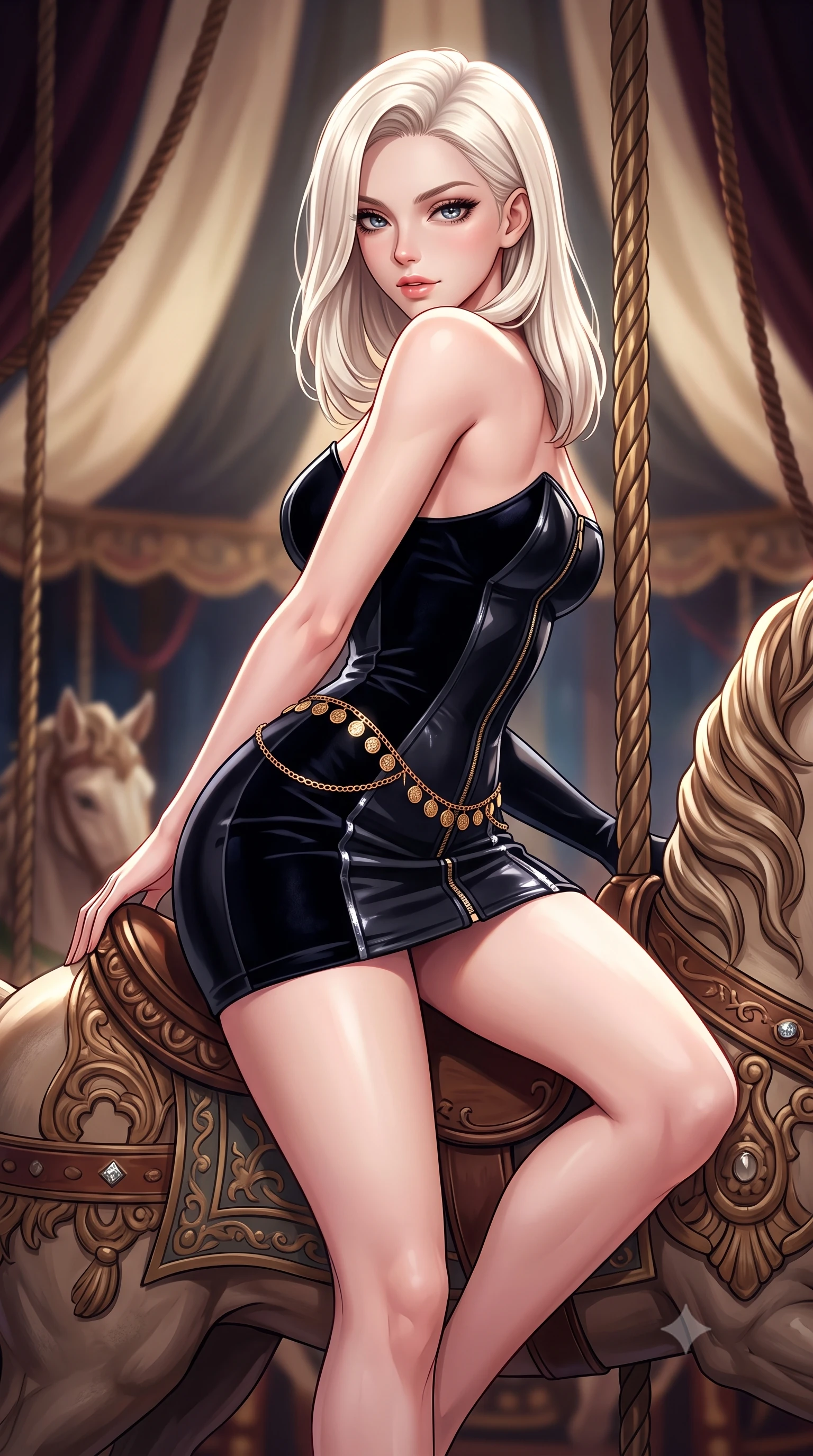 score_9, masterpiece, best quality, ultra-detailed, high-budget anime keyframe, semi-realistic 3D game render, editorial fashion photography, tasteful artistic composition, Caucasian woman. close-up cowboy shot from the waist and thighs up, the character dominates the composition, filling the frame with her large presence. twisting her slender torso in a deep contrapposto stance, hips dramatically shifted to accentuate her feminine curves while looking past her shoulder with smoldering bedroom-eyes while perching sideways on the saddle of an antique carousel horse, looking back over a bare shoulder with an intoxicating, teasing smile. The composition keeps background elements in soft focus with creamy bokeh. looming circus tent canvas arches and velvet rigging ropes softened in theatrical shallow focus. She has an exceptionally elegant, slender, and willowy female figure with an ultra-slim waist, a gracefully sculpted slender torso, toned flat midriff, and rounded feminine hips creating an alluring hourglass silhouette. sharp v-shaped jawline, high-bridge nose, intricate jewel-like eyes with depth, thick eyelashes, glossy parted lips with a natural sheen, intensely captivating and seductive bedroom-eyes expression, flawlessly proportioned anatomical accuracy, strict slender model proportions, natural body alignment, perfectly sculpted long slender limbs, ultra-slim waistline, clean dynamic posture without body distortion. wearing a form-contouring vinyl circus mini dress with front zipper and body-hugging hip hug in pitch-black velvet and glittering diamond crystal trim, made of flexible compression spandex sculpting her athletic hourglass lines, accented with a delicate gold coin waist chain framing her feminine hip curve, the glove-like aerodynamic silhouette tightly following the natural contour of her hips and long slender legs with statuesque precision. surrounded by an eccentric, spellbinding, and dangerously seductive circus queen aura. highly saturated vibrant anime colors, detailed shading with soft gradients, rich glossy textures, high-contrast stereoscopic depth, volumetric dynamic lighting, master piece, 9:16 ratio