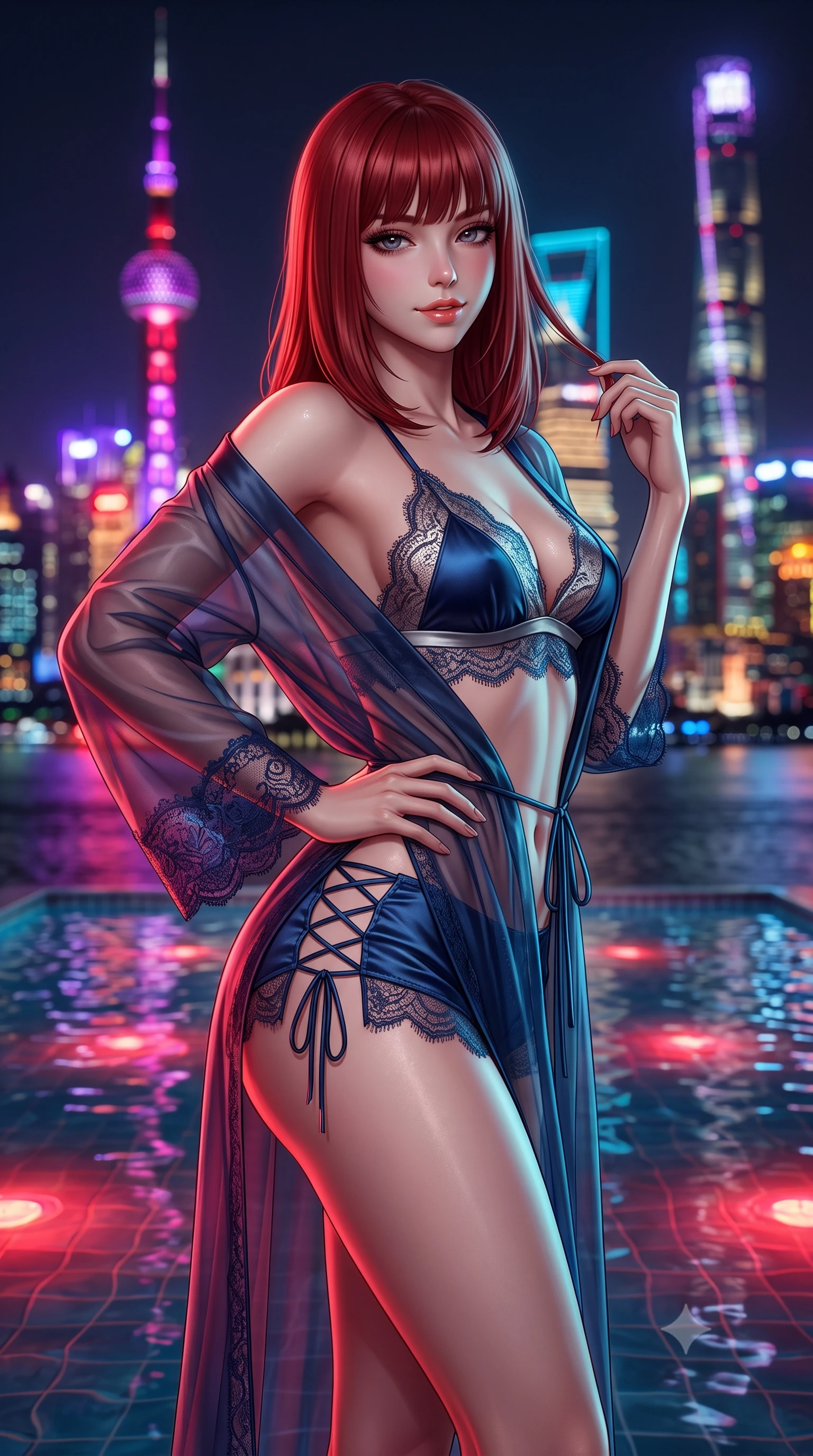 score_9, masterpiece, best quality, ultra-detailed, high-budget anime keyframe, semi-realistic 3D game render, editorial fashion photography, tasteful artistic composition, Caucasian woman. close-up cowboy shot from the waist and thighs up, the character dominates the composition, filling the frame with her large presence. twisting her slender torso in an alluring contrapposto stance, one hand resting on her sculpted hip while her fingers toy with her hair with effortless poise while twisting her slender torso in an alluring S-curve at the water's edge, glowing underwater crimson lamps and neon city reflections tracing her curves. The background shows a soft-focus neon Pudong skyscrapers reflecting upside-down in calm pool water, rain-slicked Bund colonial buildings, and dark night sky blurred into ruby, electric violet, and gold bokeh. She has an exceptionally elegant, slender, and willowy female figure with an ultra-slim waist, flat toned midriff, narrow ribcage, and sculpted feminine hips creating an alluring, slim hourglass silhouette without bulk. sharp v-shaped jawline, high-bridge nose, sparkling eyes with hypnotic seductive depth, thick curled eyelashes, glossy parted lips with a natural dewy peach sheen, alluring bedroom-eyes with an enchanting coquettish smile, exuding magnetic siren charisma and sophisticated glamour, flawlessly proportioned anatomical accuracy, strict slender model proportions, natural body alignment, perfectly sculpted long slender limbs, ultra-slim waistline, clean dynamic posture without body distortion. wearing a sheer silk organza modern caftan robe worn loose and slipping off bare shoulders over a matching satin bralette and micro-shorts in deep sapphire navy and molten silver, made of delicate semi-sheer French Chantilly lace with intricate eyelash edges, featuring fine criss-cross lace-up side ties revealing tantalizing glimpses of her hip curve, the liquid-tight tailored fabric clinging flawlessly to her narrow waist and rounded feminine hips, emphasizing every millimeter of her sculpted slim hourglass curves without any bulky heaviness. bathed in warm underwater crimson pool illumination paired with cold neon cyan ambient skyline glow. highly saturated vibrant anime colors, detailed shading with soft gradients, rich glossy textures, high-contrast stereoscopic depth, volumetric dynamic lighting, master piece, 9:16 ratio