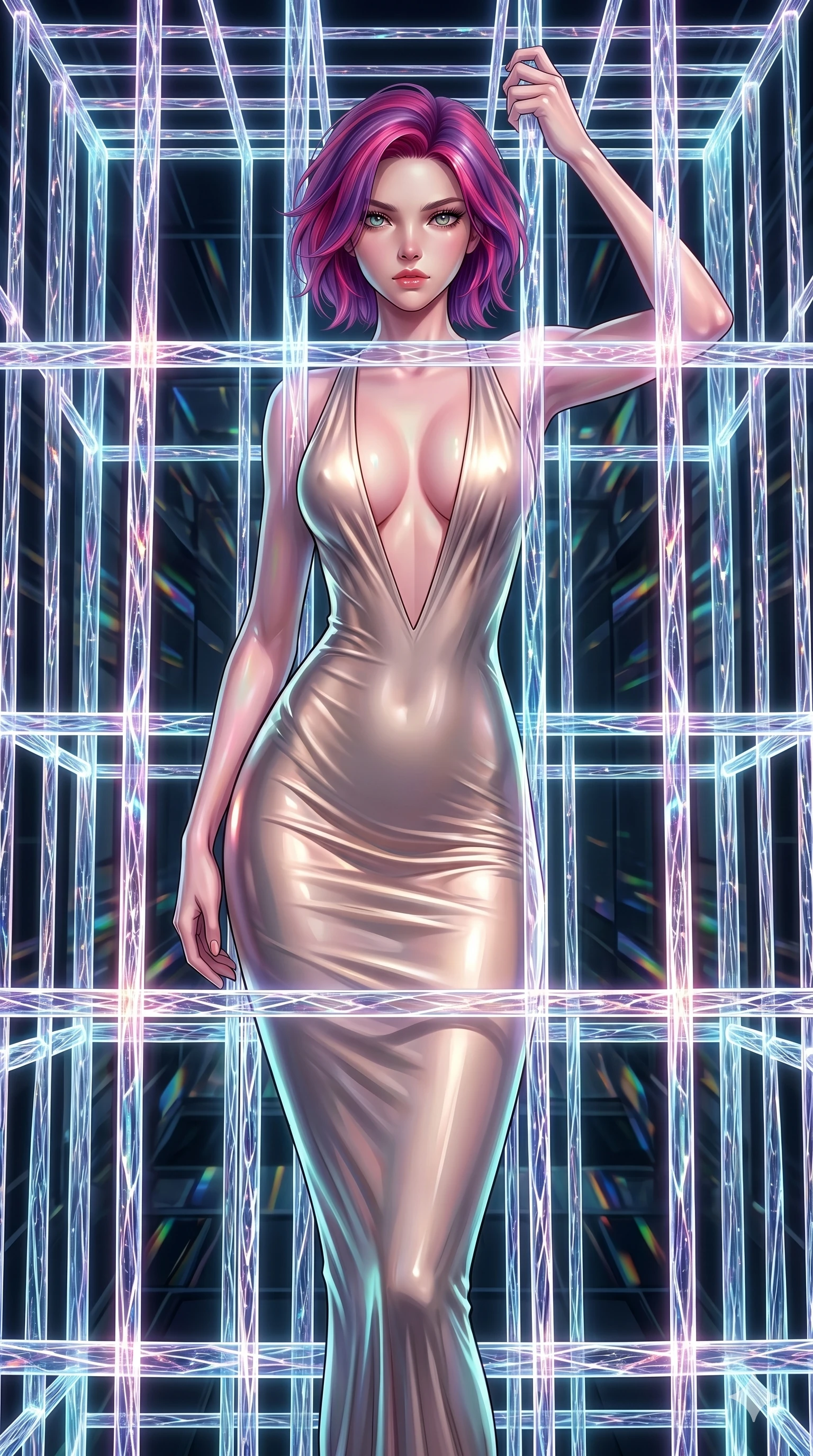 score_9, masterpiece, best quality, ultra-detailed, High-budget Anime Keyframe, East Asian woman. Dynamic full-body shot stretching the vertical silhouette to the limit. Scenario 272: Trapped in a cage of glowing crystalline fibers, body pressing against the bars. Her presence is magnetic and overpowering in this high-budget anime scene. Outfit 272: A molten liquid silk second with a plunging V-neckline and tight-fitting silhouette. The clothing is designed to emphasize her exceptionally tall and slender 8-heads proportion. 8-heads proportion, towering silhouette, ultra-slim waist. sharp v-shaped jawline, intricate jewel-like eyes with depth, thick eyelashes, glossy lips. 2k, ultra detail, master piece, 9:16 ratio