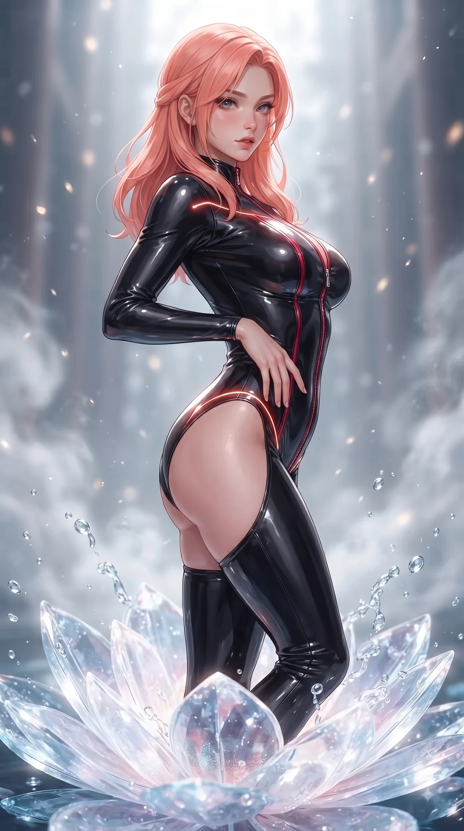 score_9, masterpiece, best quality, ultra-detailed, high-budget anime keyframe, editorial fashion photography, tasteful artistic composition, Japanese woman. close-up cowboy shot from the waist and thighs up, the character dominates the composition, filling the frame with her large presence. twisting her upper body in a dynamic S-curve with an alluring smolder, one hand trailing along her slender waist while pivoting dynamically atop a luminous crystalline flower as water droplets splash in slow motion. The composition keeps background elements in soft focus with creamy bokeh. soft mist rising from the water surface scattering light into a gentle backdrop. She has an exceptionally elegant, slender, and willowy female figure with an ultra-slim waist, a gracefully sculpted slender torso, and a refined silhouette. sharp v-shaped jawline, high-bridge nose, intricate jewel-like eyes with depth, thick eyelashes, glossy lips with a natural sheen, flawlessly proportioned anatomical accuracy, natural body alignment, perfectly sculpted elegant limbs, clean dynamic posture without body distortion. wearing a glossy black second-skin latex bodysuit with high-thigh cuts, exposed clavicle neckline, and gleaming zipper details in glossy obsidian black and radiant crimson red, formed from high-gloss patent material with specular light reflections, accented with glowing fiber-optic seams tracing her collarbones and hip curves, the form-contouring second-skin material highlighting her ultra-slim waist and long lines. surrounded by an ethereal, sacred, and intensely seductive temple ambiance. ultra-reflective glossy finish, specular highlights, metallic sheen, high-contrast stereoscopic depth, volumetric dynamic lighting, 2k, ultra detail, master piece, 9:16 ratio
