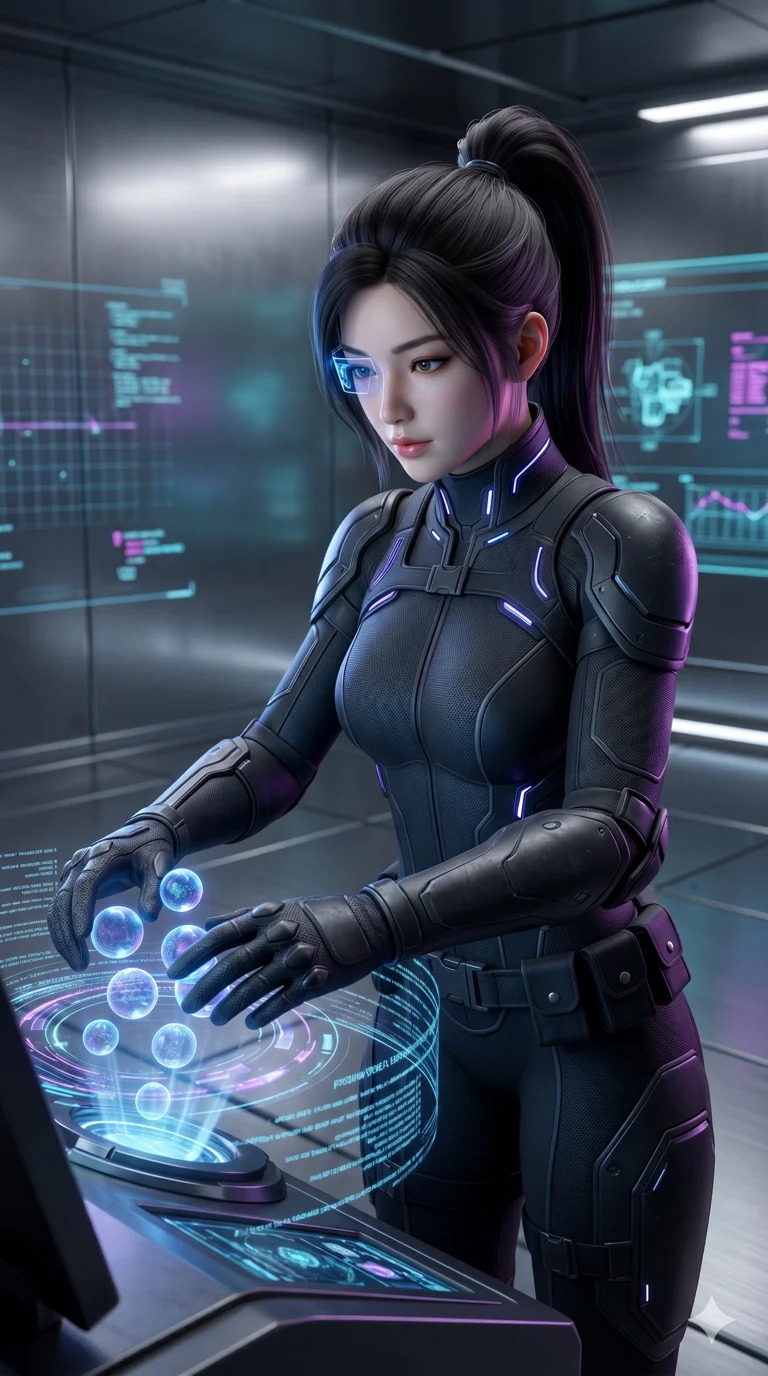 score_9, masterpiece, best quality, ultra-detailed, semi-realistic high-budget 3D game render, an incredibly beautiful Korean woman. Medium shot of upper body focusing on her alluring features and slim-fit silhouette, filling the vertical 9:16 frame. She is a memory thief extracting glowing neural orbs from a digital bank. She has an absolutely perfect 8-heads proportion, an exceptionally tall and slender female figure with impossibly long slender legs and an ultra-slim waist. Her face is a highly detailed masterpiece featuring a sharp v-shaped jawline, high-bridge nose, intricate jewel-like eyes, thick eyelashes, and glossy lips. She is wearing a skin-tight cybernetic ninja outfit. A futuristic vault with holographic projections, dramatic rim lighting., 2k, ultra detail, master piece, 9:16 ratio