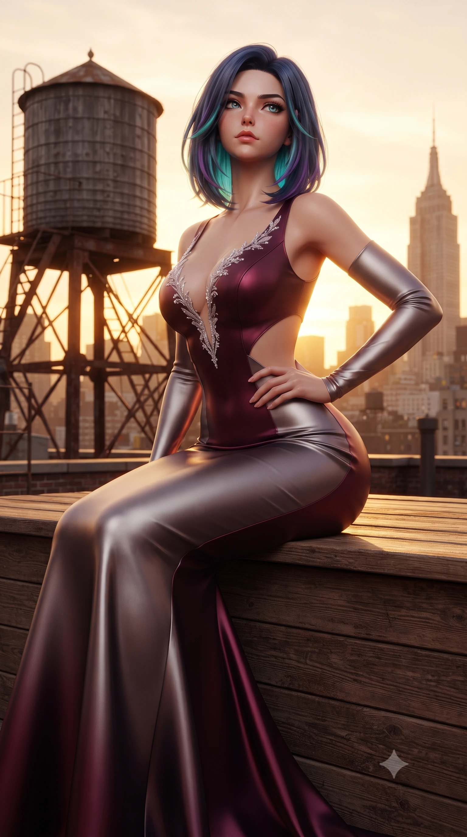 score_9, masterpiece, best quality, ultra-detailed, high-budget anime keyframe, editorial fashion photography, tasteful artistic composition, Caucasian woman. close-up cowboy shot from the waist and thighs up, the character dominates the composition, filling the frame with her large presence. tilting her chin up with proud, sovereign allure while gazing through thick eyelashes, one hand resting on her waist in pure supermodel charisma while sitting perched on the rustic cedar timber deck beside an iconic wooden water tower, arching her lower back as sunset paints Manhattan gold. The surrounding environment is rendered in vivid detail and crisp panoramic clarity. sharp weathered cedar water tower bands, rusted steel fire escape rivets, and Manhattan skyline spires in deep focus. She has an exceptionally elegant, slender, and willowy female figure with an ultra-slim waist, flat toned midriff, narrow ribcage, and sculpted feminine hips creating an alluring, slim hourglass silhouette without bulk. sharp v-shaped jawline, high-bridge nose, intricate jewel-like eyes with depth, thick eyelashes, glossy parted lips with a natural sheen, intensely captivating and seductive bedroom-eyes expression, flawlessly proportioned anatomical accuracy, strict slender model proportions, natural body alignment, perfectly sculpted long slender limbs, ultra-slim waistline, clean dynamic posture without body distortion. wearing a sculptured liquid-satin mermaid gown with an architectural open-waist cutout and bare spine in deep wine burgundy and brushed dark platinum, tailored from ultra-smooth duchess satin with a pearlescent sheen, finished with delicate crystal frost embroidery tracing the plunging neckline, the glove-like aerodynamic silhouette tightly following the natural contour of her hips and long slender legs with statuesque 8.5-heads elegance. bathed in dramatic golden hour Manhattan sunset backlighting and warm rooftop timber bounce fill. ultra-reflective glossy finish, specular highlights, rich textural contrasts, high-contrast stereoscopic depth, volumetric dynamic lighting, 2k, ultra detail, master piece, 9:16 ratio