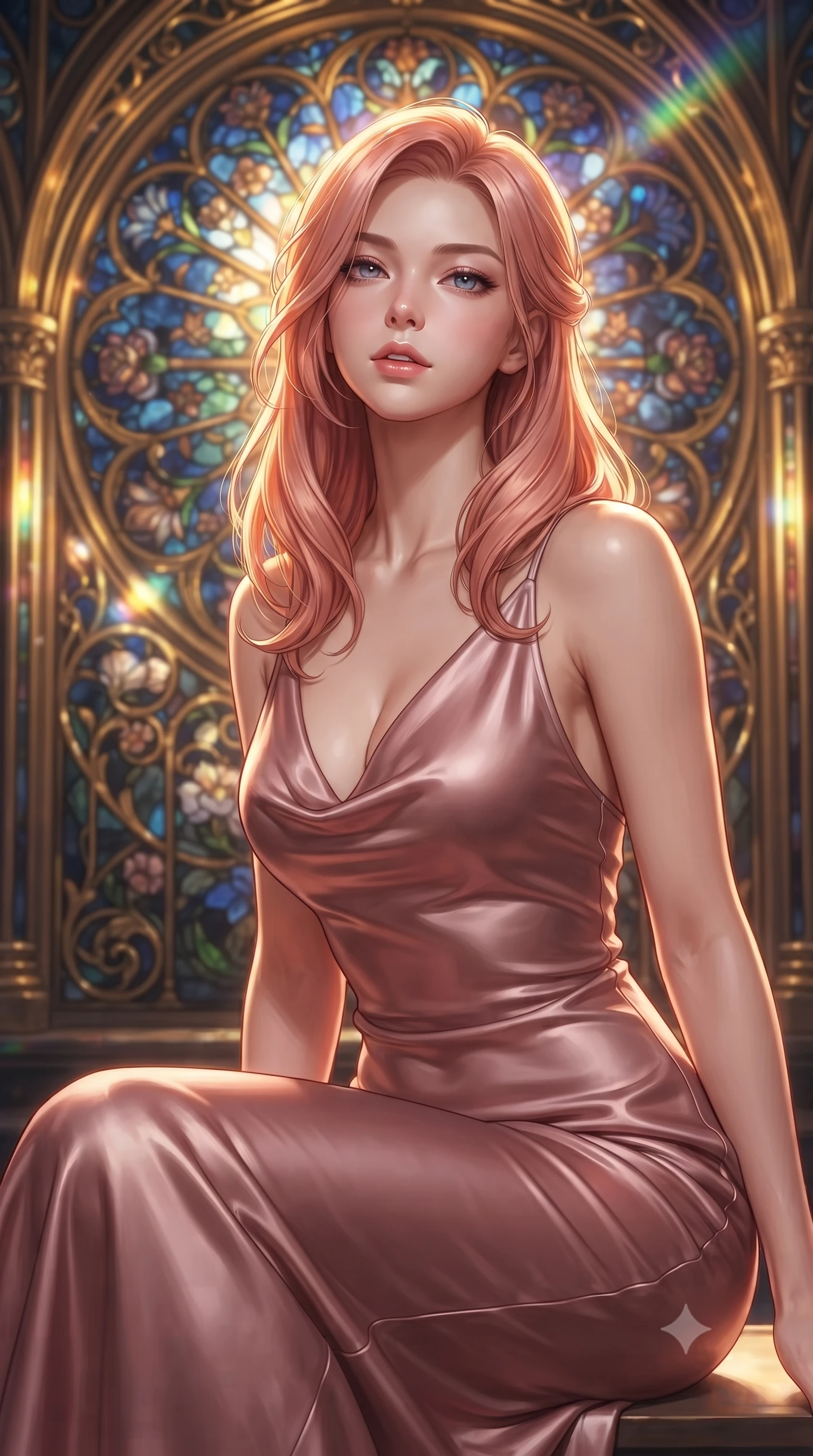 score_9, masterpiece, best quality, ultra-detailed, high-budget anime keyframe, editorial fashion photography, tasteful artistic composition, Japanese woman. close-up cowboy shot from the waist and thighs up, the character dominates the composition, filling the frame with her large presence, background elements kept in soft focus. Tilting her chin up slightly with lips parted in a magnetic, composed expression standing before a monumental Art Nouveau stained glass rose window, golden filigree details on the architecture shining with brilliant luster. She has an exceptionally elegant, slender, and willowy female figure with an ultra-slim waist, a gracefully sculpted slender torso, and a refined silhouette. sharp v-shaped jawline, high-bridge nose, intricate jewel-like eyes with depth, thick eyelashes, glossy lips with a natural sheen. wearing an elegant cowl-neck satin midi dress in dusty rose with a graceful draped neckline, the glove-like fit emphasizing her statuesque silhouette. illuminated by a warm golden key light and brilliant multi-color rim light. ultra-reflective glossy finish, specular highlights, metallic sheen, high-contrast stereoscopic depth, volumetric dynamic lighting, 2k, ultra detail, master piece, 9:16 ratio
