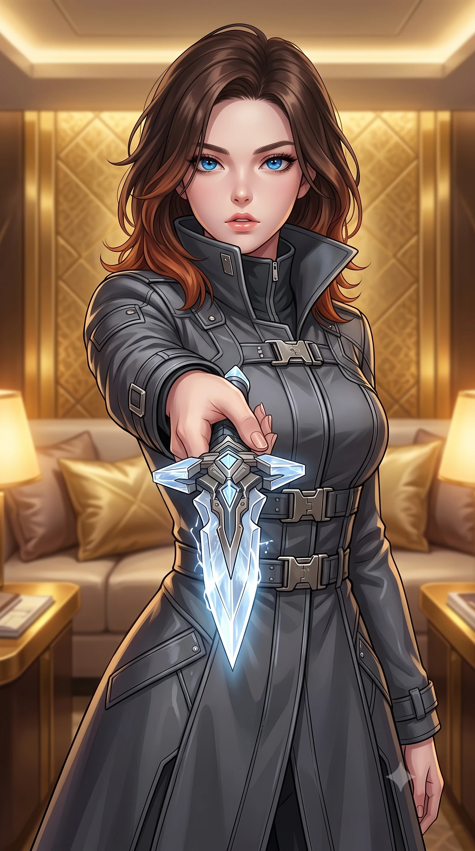score_9, masterpiece, best quality, ultra-detailed, high-budget anime keyframe, editorial fashion photography, tasteful artistic composition, Korean woman. close-up cowboy shot from the waist and thighs up, the character dominates the composition, filling the frame with her large presence, background elements kept in soft focus. pointing a crystal-edged laser dagger forward in a defensive stance, tilting her chin up slightly with lips parted in a composed pose, the background shows a soft-focus a private cabin aboard a solar yacht with gold-plated walls and silk cushions. She has an exceptionally elegant, slender, and willowy female figure with an ultra-slim waist, a gracefully sculpted slender torso, and a refined silhouette. sharp v-shaped jawline, high-bridge nose, intricate jewel-like eyes with depth, thick eyelashes, glossy lips with a natural sheen. wearing a slim-fit tailored future military trench coat in charcoal grey, worn closed with heavy metallic buckles and high-collar lining. warm golden light from reading consoles casting cozy, intimate shadows. highly saturated vibrant anime colors, detailed shading with soft gradients, rich glossy textures, high-contrast stereoscopic depth, volumetric dynamic lighting, master piece, 9:16 ratio