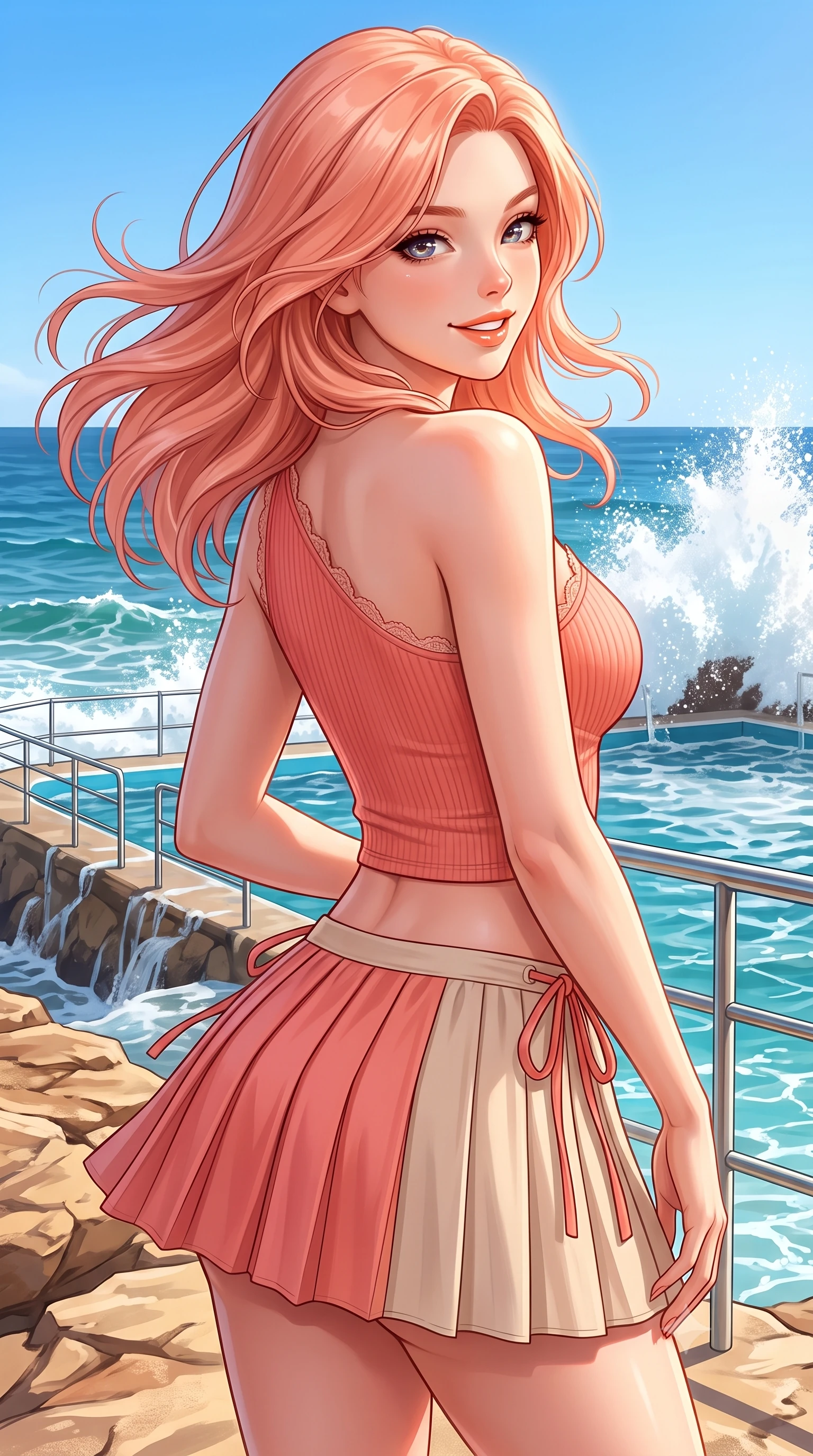 score_9, masterpiece, best quality, ultra-detailed, high-budget anime keyframe, semi-realistic 3D game render, editorial fashion photography, tasteful artistic composition, Japanese woman. close-up cowboy shot from the waist and thighs up, the character dominates the composition, filling the frame with her large presence. posing in an alluring rear three-quarter angle, turning over a bare shoulder with an intoxicating cute smile, her hips cocked back to highlight her slim hourglass curve while turning in an alluring dancer S-curve as ocean trade winds whip her hair, gazing toward crashing white surf with parted glossy lips. The surrounding environment is rendered in vivid detail and crisp panoramic clarity. sharp sandstone rock textures, ocean pool railing details, and sea foam spray caustics in deep focus. She has an exceptionally elegant, slender, and willowy female figure with an ultra-slim waist, flat toned midriff, narrow ribcage, and sculpted feminine hips creating an alluring, slim hourglass silhouette without bulk. sharp v-shaped jawline, high-bridge nose, intricate jewel-like sparkling eyes with depth, thick eyelashes, glossy parted lips with a natural peach sheen, bright cheerful beaming smile with an enchanting and coquettish sensual glint, exuding both youthful cute charm and seductive allure, flawlessly proportioned anatomical accuracy, strict slender model proportions, natural body alignment, perfectly sculpted long slender limbs, ultra-slim waistline, clean dynamic posture without body distortion. wearing an asymmetrical one-shoulder ribbed top paired with a micro-pleated skirt with side hip ties in warm coral pink and soft oatmeal beige, tailored from crisp cotton poplin with clean structural lines, finished with delicate lace scallop edging along the neckline, the form-fitting cut adhering flawlessly to her sculpted flat midriff and slender torso, emphasizing her long leg lines and perfectly proportioned willowy build. bathed in brilliant Australian coastal sunshine and radiant turquoise water bounce fill. highly saturated vibrant anime colors, detailed shading with soft gradients, rich glossy textures, high-contrast stereoscopic depth, volumetric dynamic lighting, master piece, 9:16 ratio