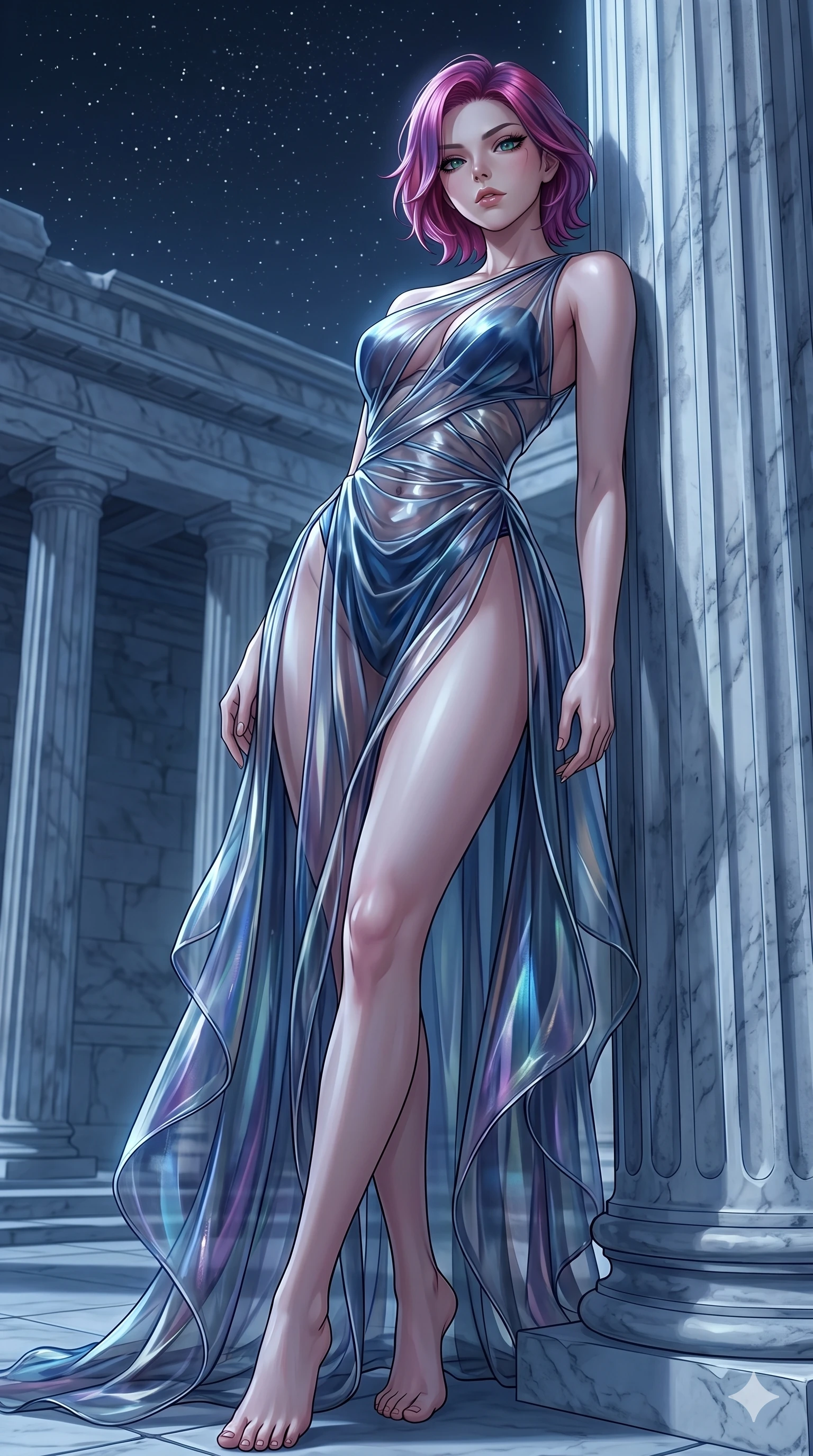 score_9, masterpiece, best quality, ultra-detailed, High-budget Anime Keyframe, East Asian woman. Low angle cowboy shot filling the entire 9:16 frame with her statuesque presence. Scenario 33: Leaning against a cold marble pillar in a moonlit greek temple. Her presence is magnetic and overpowering in this high-budget anime scene. Outfit 33: A sheer organza liquid with a high-cut leg line and translucent layers. The clothing is designed to emphasize her exceptionally tall and slender 8-heads proportion. 8-heads proportion, towering silhouette, ultra-slim waist. sharp v-shaped jawline, intricate jewel-like eyes with depth, thick eyelashes, glossy lips. 2k, ultra detail, master piece, 9:16 ratio