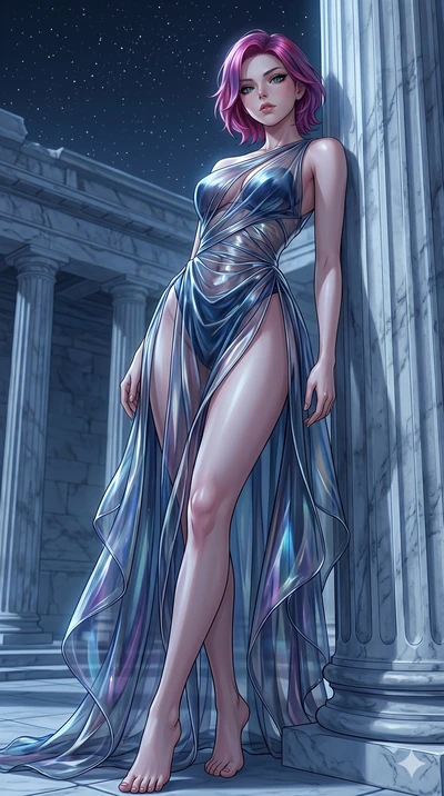 score_9, masterpiece, best quality, ultra-detailed, High-budget Anime Keyframe, East Asian woman. Low angle cowboy shot filling the entire 9:16 frame with her statuesque presence. Scenario 33: Leaning against a cold marble pillar in a moonlit greek t