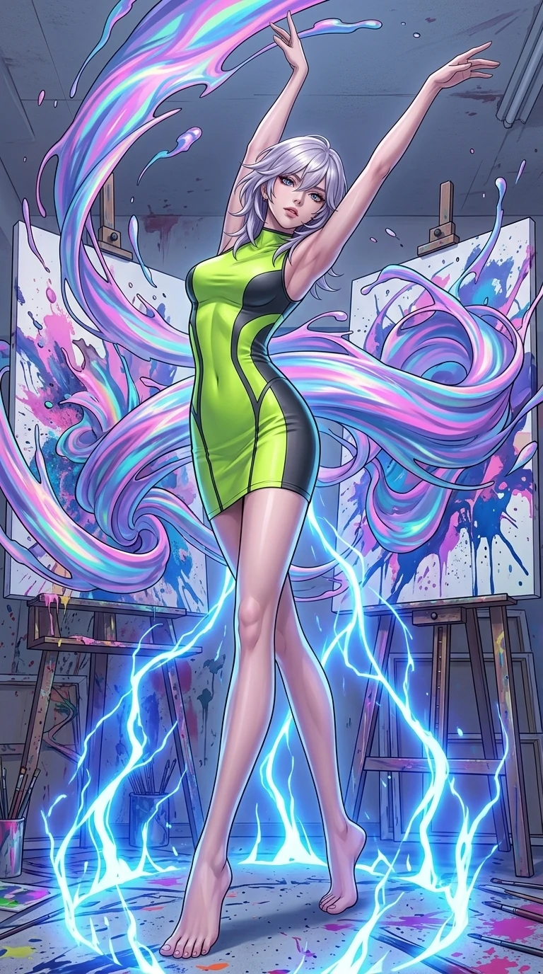 score_9, masterpiece, best quality, ultra-detailed, high-budget anime keyframe, editorial fashion photography, tasteful artistic composition, Japanese woman. low angle full-body shot from head to toe showing her feet, filling the entire 9:16 vertical frame with her statuesque presence, stretching her vertical silhouette. pirouetting mid-air inside an artist's studio where aurora-colored paint spontaneously erupts from canvases and floats in swirling ribbons through the air creating three-dimensional abstract paintings in space. She has a statuesque 8.5-heads proportion, an exceptionally tall, slender and willowy model-like build with impossibly long legs and a highly sculpted ultra-slim waist. sharp v-shaped jawline, high-bridge nose, intricate jewel-like eyes with depth, thick eyelashes, glossy lips with a natural sheen. wearing a form-fitting athletic-cut dress in a neon lime and charcoal colorway, with sculpted seams that trace and emphasize her narrow waistline. pulsing electric blue plasma arc lighting rising dramatically from below. 2k, ultra detail, master piece, 9:16 ratio