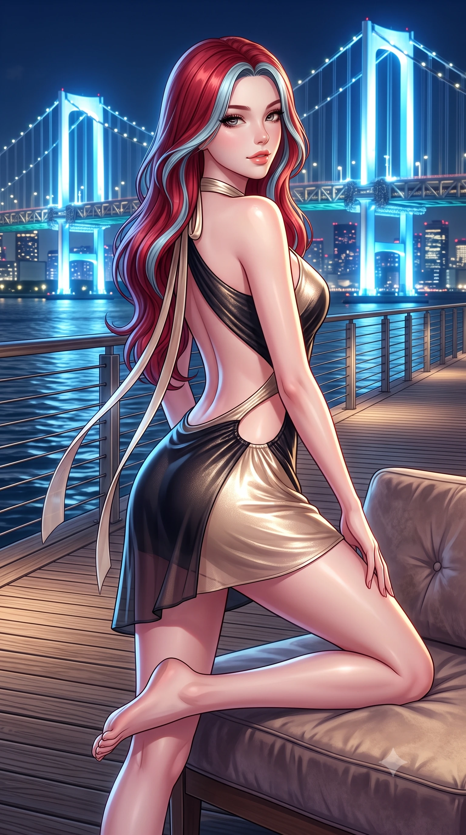 score_9, masterpiece, best quality, ultra-detailed, high-budget anime keyframe, semi-realistic 3D game render, editorial fashion photography, tasteful artistic composition, Caucasian woman. close-up cowboy shot from the waist and thighs up, the character dominates the composition, filling the frame with her large presence. perched sideways on the lounge seat, one knee drawn up to showcase her slender leg line while her arched back accentuates her feminine hip curve while standing at the pier wooden railing overlooking the illuminated suspension bridge, arching her back with breathtaking city-pop romance. The surrounding environment is rendered in vivid detail and crisp panoramic clarity: sharp boardwalk timber grain, stainless steel cable railing, and water wake ripple clarity in deep focus. She has an exceptionally elegant, slender, and willowy female figure with an ultra-slim waist, flat toned midriff, narrow ribcage, and sculpted feminine hips creating an alluring, slim hourglass silhouette without bulk. sharp v-shaped jawline, high-bridge nose, sparkling eyes with hypnotic seductive depth, thick curled eyelashes, glossy parted lips with a natural dewy peach sheen, alluring bedroom-eyes with an enchanting coquettish smile, exuding magnetic siren charisma and sophisticated glamour, flawlessly proportioned anatomical accuracy, strict slender model proportions, natural body alignment, perfectly sculpted long slender limbs, ultra-slim waistline, clean dynamic posture without body distortion. wearing an asymmetric one-shoulder metallic disco mini dress with a dramatic side cutout hugging her waist and hips in midnight obsidian black and shimmering liquid champagne gold, made of sheer gossamer chiffon that drapes softly against skin with airy translucence, finished with long silk ribbon ties fluttering down her bare spine from a backless halter, the form-contouring silhouette accentuating her sculpted flat midriff, narrow delicate ribcage, and gracefully curvy hips with intoxicating allure. bathed in the glowing azure and white illumination of the suspension bridge towers. highly saturated vibrant anime colors, detailed shading with soft gradients, rich glossy textures, high-contrast stereoscopic depth, volumetric dynamic lighting, master piece, 9:16 ratio