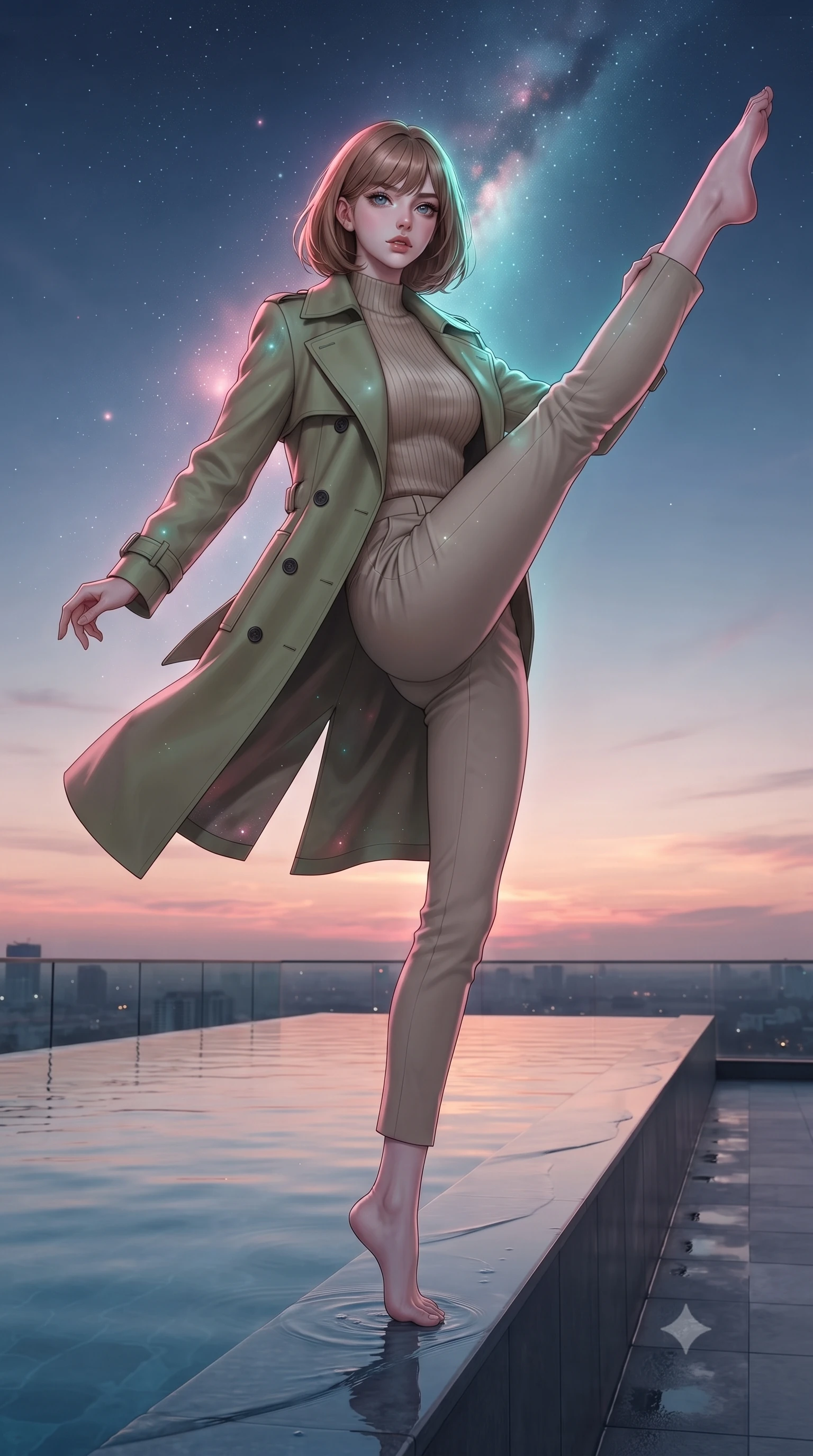 score_9, masterpiece, best quality, ultra-detailed, high-budget anime keyframe, editorial fashion photography, tasteful artistic composition, Caucasian woman, strictly human ears. low angle full-body shot from head to toe showing her feet, filling the entire 9:16 vertical frame with her statuesque presence, stretching her vertical silhouette. vaulting dynamically through standing at the vanishing edge of a rooftop infinity pool at twilight where the still water surface blends seamlessly into the sunset horizon creating the illusion of swimming into the sky. She has a statuesque 8.5-heads proportion, an exceptionally tall, slender and willowy model-like build with impossibly long legs and a highly sculpted ultra-slim waist. sharp v-shaped jawline, high-bridge nose, intricate jewel-like eyes with depth, thick eyelashes, glossy lips with a natural sheen. wearing a structured double-breasted trench in soft olive green over a beige ribbed knit mock-neck top and trousers. starlight and nebula glow casting soft cosmic pink and cyan highlights on her form. 2k, ultra detail, master piece, 9:16 ratio