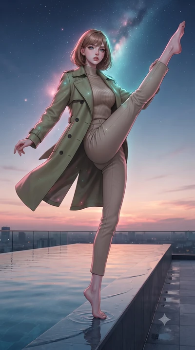 score_9, masterpiece, best quality, ultra-detailed, high-budget anime keyframe, editorial fashion photography, tasteful artistic composition, Caucasian woman, strictly human ears. low angle full-body shot from head to toe showing her feet, filling th