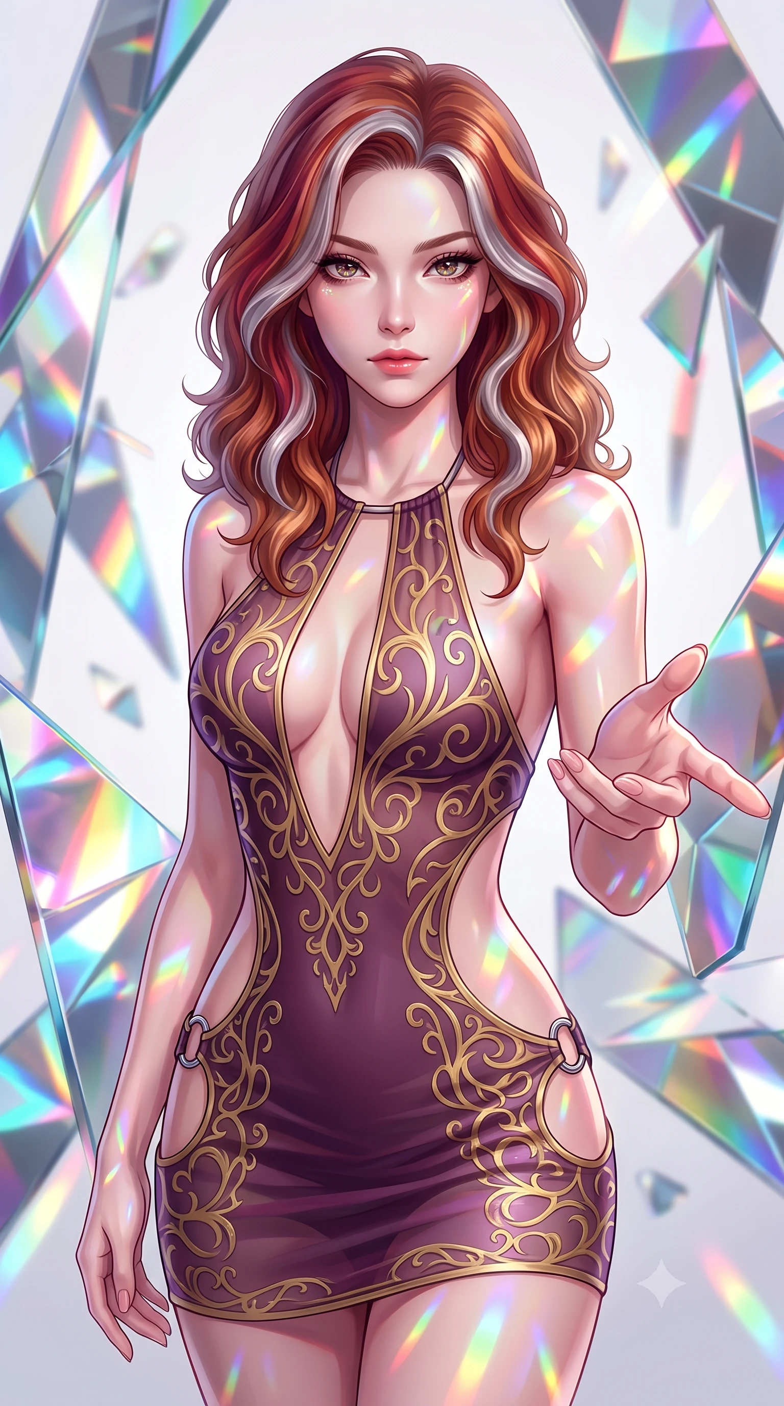 score_9, masterpiece, best quality, ultra-detailed, high-budget anime keyframe, editorial fashion photography, tasteful artistic composition, Caucasian woman. close-up cowboy shot from the waist and thighs up, the character dominates the composition, filling the frame with her large presence, background elements kept in soft focus. Reaching one hand gracefully toward the viewer with effortless superiority and allure surrounded by rotating shattered mirror sculptures reflecting bright acrylic colors, a kaleidoscope of refractions forming geometric light patterns on her skin. She has an exceptionally elegant, slender, and willowy female figure with an ultra-slim waist, a gracefully sculpted slender torso, and a refined silhouette. sharp v-shaped jawline, high-bridge nose, intricate jewel-like eyes with depth, thick eyelashes, glossy lips with a natural sheen. wearing a deep-scoop halter bodycon dress with hip cutouts connected by silver rings in plum purple and gold filigree, woven from fine semi-opaque sheer organza, accented with a Tasteful chest slit framing her clavicle gracefully, the sleek second-skin texture accentuating her magnetic presence. illuminated by brilliant multi-color rainbow light refracting through glass. highly saturated vibrant anime colors, detailed shading with soft gradients, rich glossy textures, high-contrast stereoscopic depth, volumetric dynamic lighting, master piece, 9:16 ratio