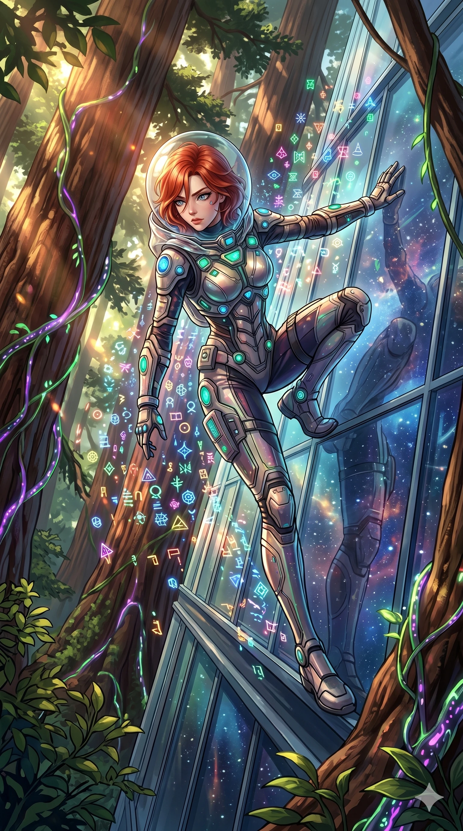score_9, masterpiece, best quality, ultra-detailed, Set A: High-budget Anime Keyframe, Caucasian (human ears) woman. Upper body close-up from the thighs up, character filling the screen for maximum presence. Theme: Abstract Cosmic. sliding down a glass skyscraper in a giant redwood forest with glowing vines, as a digital rain of 257 symbols washes over her. The atmosphere is filled with cinematic sunlight through leaves. She has an absolutely perfect 8-heads proportion, an exceptionally tall and slender female figure with impossibly long slender legs and an ultra-slim waist. Sharp v-shaped jawline, high-bridge nose, intricate jewel-like eyes with depth, glossy lips. Wearing Deep-space explorer suit with transparent helmet-hood and glowing bio-sensors. Cinematic lighting, vivid colors, dramatic shadows, 2k, ultra detail, master piece, 9:16 ratio
