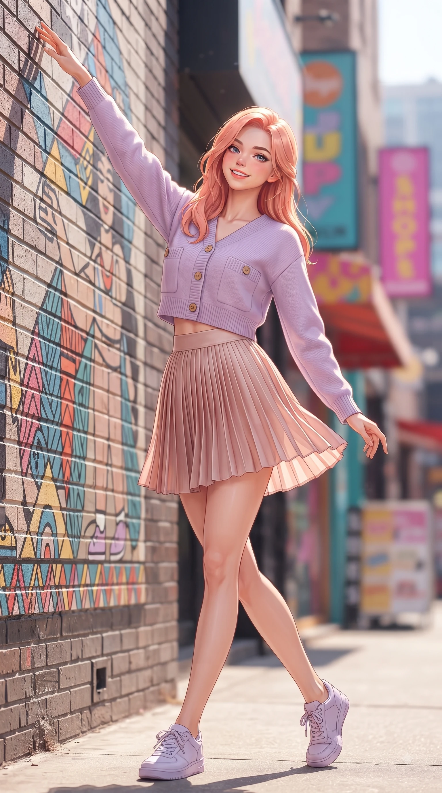 score_9, masterpiece, best quality, ultra-detailed, high-budget anime keyframe, editorial fashion photography, tasteful artistic composition, Japanese woman. close-up cowboy shot from the waist and thighs up, the character dominates the composition, filling the frame with her large presence. Extending one arm in an elegant stretch toward the light while smiling with vibrant, youthful self-assurance while pausing gracefully near a stylish street art mural on a sunny afternoon with a confident cute smile. The composition keeps background elements in soft focus with dreamy bokeh. colorful urban shop signs and trendy street pop-up stores blurred in creamy background bokeh. She has an exceptionally elegant, slender, and willowy female figure with an ultra-slim waist, a gracefully sculpted slender torso, and a refined silhouette. sharp v-shaped jawline, high-bridge nose, intricate jewel-like eyes with depth, thick eyelashes, glossy lips with a natural sheen, flawlessly proportioned anatomical accuracy, natural body alignment, perfectly sculpted elegant limbs, clean dynamic posture without body distortion. wearing a chic cropped pastel cardigan with a high-waisted pleated tennis skirt in pastel lilac and soft rose gold, made of fine lightweight chiffon that flutters gently in the breeze, finished with neat front wooden buttons and pocket details, the chic real-way fashion cut emphasizing her effortless charm. illuminated by crisp clear afternoon key light and vibrant street highlights. ultra-reflective glossy finish, specular highlights, metallic sheen, high-contrast stereoscopic depth, volumetric dynamic lighting, 2k, ultra detail, master piece, 9:16 ratio