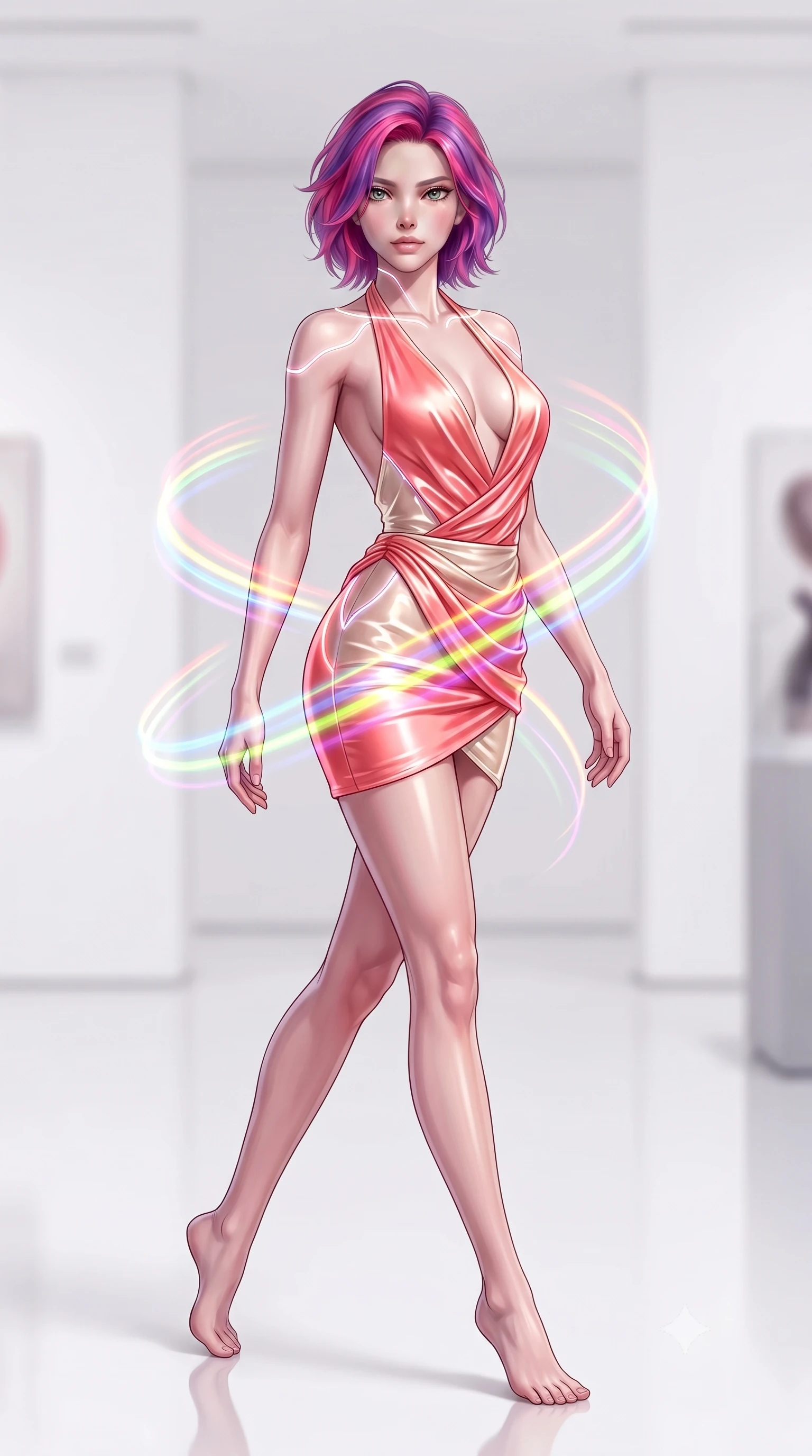 score_9, masterpiece, best quality, ultra-detailed, high-budget anime keyframe, semi-realistic 3D game render, editorial fashion photography, tasteful artistic composition, Caucasian woman. low angle full-body shot from head to toe showing her feet, filling the entire 9:16 vertical frame with her statuesque presence, stretching her vertical silhouette. pivoting dynamically in mid-motion with a breathtakingly alluring posture, displaying her flawless model proportions and ultra-slim waist while pivoting dynamically on a white epoxy floor as vibrant spectrum light bands wrap around her slender figure. The composition keeps background elements in soft focus with creamy bokeh. pristine white gallery walls and polished floor reflections softened by shallow cinematic focus. She has an absolutely perfect, statuesque 8.5-heads proportion, an exceptionally tall and slender model-like female figure with impossibly long slender legs, a toned flat midriff, and an ultra-slim waist. sharp v-shaped jawline, high-bridge nose, intricate jewel-like eyes with depth, thick eyelashes, glossy lips with a natural sheen, flawlessly proportioned anatomical accuracy, strict slender model proportions, natural body alignment, perfectly sculpted long slender limbs, ultra-slim waistline, clean dynamic posture without body distortion. wearing a form-contouring liquid satin halter-neck mini dress with a deep crossover cowl front, open back, and ultra-slender waist drape in radiant coral pink and champagne ivory, tailored from semi-translucent cybernetic vinyl with glowing micro-filaments, accented with glowing fiber-optic seams tracing her collarbones and hip curves, the liquid-tight tailored fabric emphasizing every curve of her tall, slender model proportions and sculptured silhouette during dynamic movement. illuminated by high-contrast specular reflections on crystal and polished surfaces. highly saturated vibrant anime colors, detailed shading with soft gradients, rich glossy textures, high-contrast stereoscopic depth, volumetric dynamic lighting, master piece, 9:16 ratio