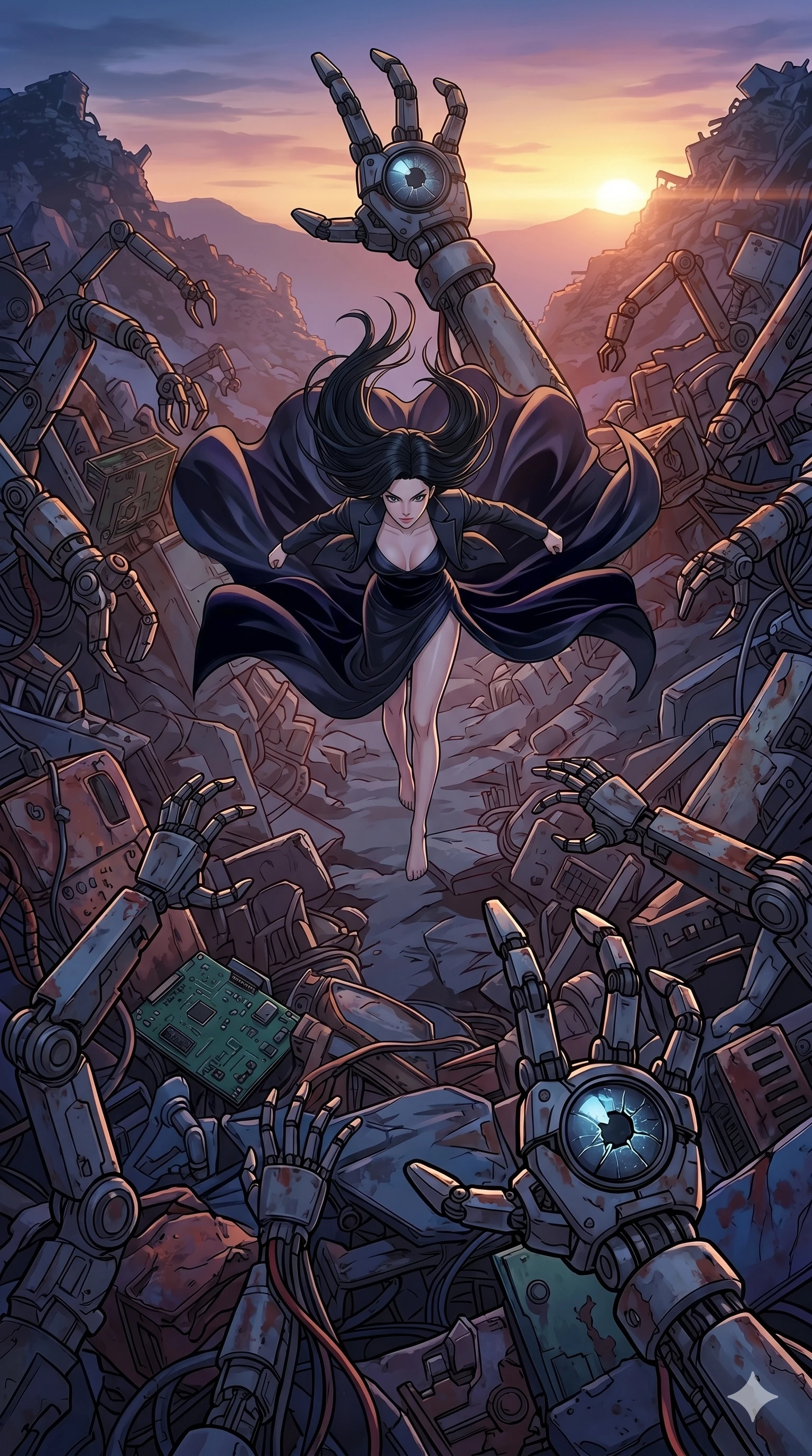 score_9, masterpiece, best quality, ultra-detailed, high-budget anime movie keyframe, cinematic anime lighting, intricate line art, Caucasian (strictly human ears) woman. Extreme high angle shot as she leaps towards the camera, filling the frame. surveying a robotic junkyard where discarded machines reach out. She has an absolutely perfect 8-heads proportion, an exceptionally tall and slender female figure with an ultra-slim waist and impossibly long slender legs. strictly human anatomy, two legs only, no extra limbs, clearly defined legs and arms, perfect anatomy, perfect hands and fingers. sharp v-shaped jawline, high-bridge nose, intricate jewel-like eyes, thick eyelashes, glossy lips. Wearing High-Fashion Editorial: Silk slip dress with high side slit, backless velvet gown, and structured blazer with nothing underneath. The scene is illuminated by dramatic atmospheric lighting and vibrant color palettes. , 2k, ultra detail, master piece, 9:16 ratio