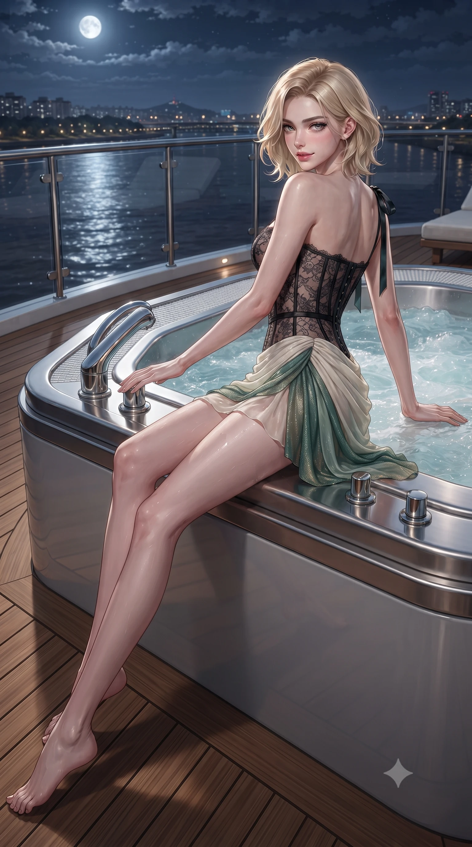 score_9, masterpiece, best quality, ultra-detailed, high-budget anime keyframe, editorial fashion photography, tasteful artistic composition, Caucasian woman. low angle full-body shot from head to toe showing her feet, filling the entire 9:16 vertical frame with her statuesque presence, stretching her vertical silhouette. walking along the terrace with poise, looking back over her bare shoulder with an irresistible smoldering bedroom-gaze while lounging in the heated water propped on the jacuzzi rim, her long slender limbs and toned silhouette commanding the moonlit river panorama. The surrounding environment is rendered in vivid detail and crisp panoramic clarity: sharp teak boardwalk grain, clear glass balustrade edge bevels, and stainless steel jacuzzi fittings in deep focus. She has an exceptionally tall and slender model-like 8.5-heads proportion, an ultra-slim waist, a flat toned midriff, narrow delicate ribcage, and beautifully sculpted feminine hips creating a graceful, slim hourglass silhouette without any bulky heaviness, with impossibly long slender legs. sharp v-shaped jawline, high-bridge nose, intricate jewel-like sparkling eyes with depth, thick eyelashes, glossy parted lips with a natural peach sheen, bright cheerful beaming smile with an enchanting and coquettish sensual glint, exuding both youthful cute charm and seductive allure, flawlessly proportioned anatomical accuracy, strict slender model proportions, natural body alignment, perfectly sculpted long slender limbs, ultra-slim waistline, clean dynamic posture without body distortion. wearing a sculpted semi-sheer bustier dress in black lace with exposed boning and a draped chiffon mini skirt in Namsan moonlit mist ivory and jade pine green, woven from stretch metallic lurex jersey casting radiant starlight glints across her curves, finished with satin ribbon ties at the shoulders fluttering in the gentle breeze, the form-contouring silhouette accentuating her sculpted flat midriff, narrow delicate ribcage, and gracefully curvy hips with intoxicating allure. illuminated by water surface reflection bounce and sharp silver-gold rim lights sculpting her dewy collarbones, ultra-slim waist, and curvy hips. ultra-reflective glossy finish, specular highlights, rich textural contrasts, high-contrast stereoscopic depth, volumetric dynamic lighting, 2k, ultra detail, master piece, 9:16 ratio