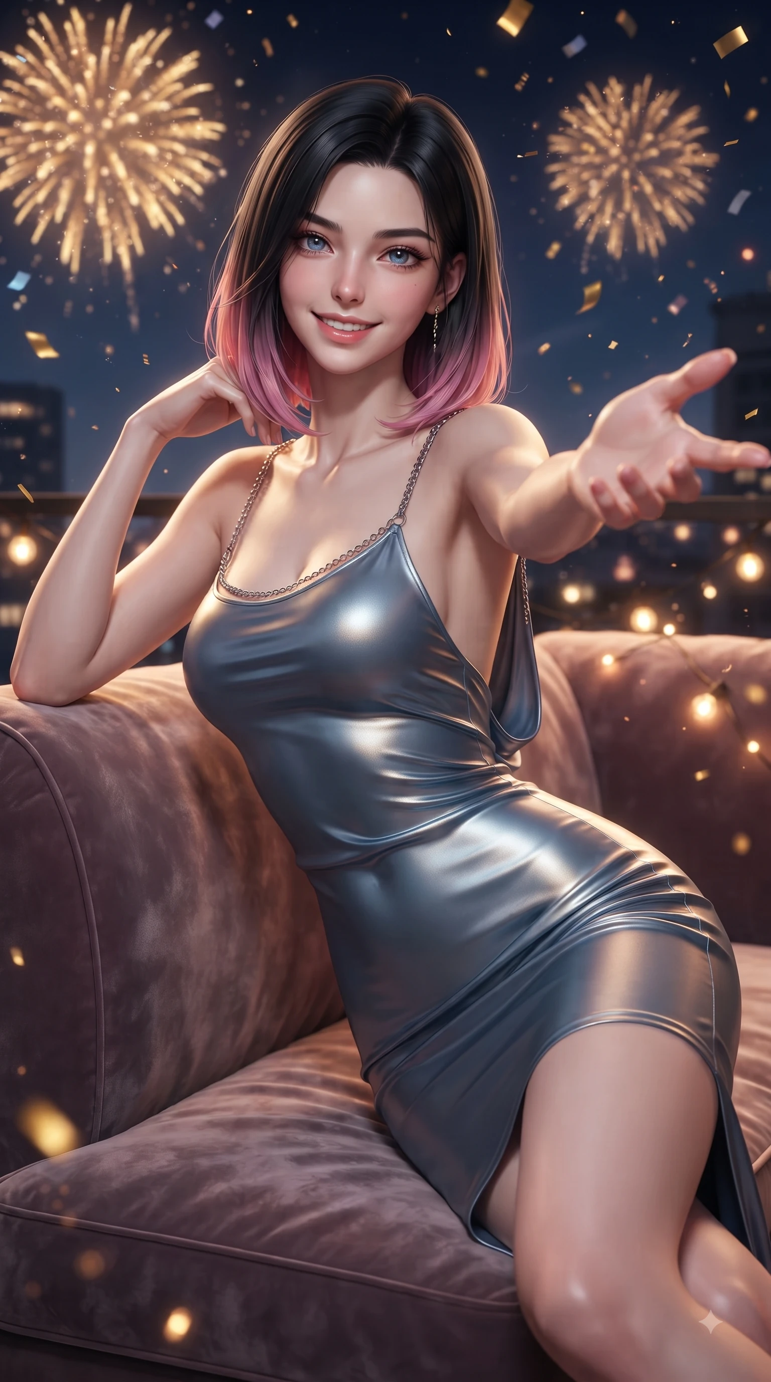 score_9, masterpiece, best quality, ultra-detailed, high-budget anime keyframe, editorial fashion photography, tasteful artistic composition, Korean woman. close-up cowboy shot from the waist and thighs up, the character dominates the composition, filling the frame with her large presence, background elements kept in soft focus. Enchanting happy smile, her eyes twinkling like jewels in the bright sunlight as one arm reaches out playfully while resting happily against a plush lounge sofa as golden fireworks burst in the night sky, sparkling confetti and golden embers drifting around her dynamic silhouette. She has an exceptionally elegant, slender, and willowy female figure with an ultra-slim waist, a gracefully sculpted slender torso, and a refined silhouette. sharp v-shaped jawline, high-bridge nose, intricate jewel-like eyes with depth, thick eyelashes, glossy lips with a natural sheen, flawlessly proportioned anatomical accuracy, natural body alignment, perfectly sculpted elegant limbs, clean dynamic posture without body distortion. wearing a precision-fitted liquid jersey bodycon dress with a graceful draped back in slate blue and metallic silver, crafted from smooth liquid silk, adorned with delicate metallic chain straps along the neckline, the form-contouring material highlighting her ultra-slim waist and long lines. bathed in festive firework explosions and warm amber fairy light radiance. ultra-reflective glossy finish, specular highlights, metallic sheen, high-contrast stereoscopic depth, volumetric dynamic lighting, 2k, ultra detail, master piece, 9:16 ratio