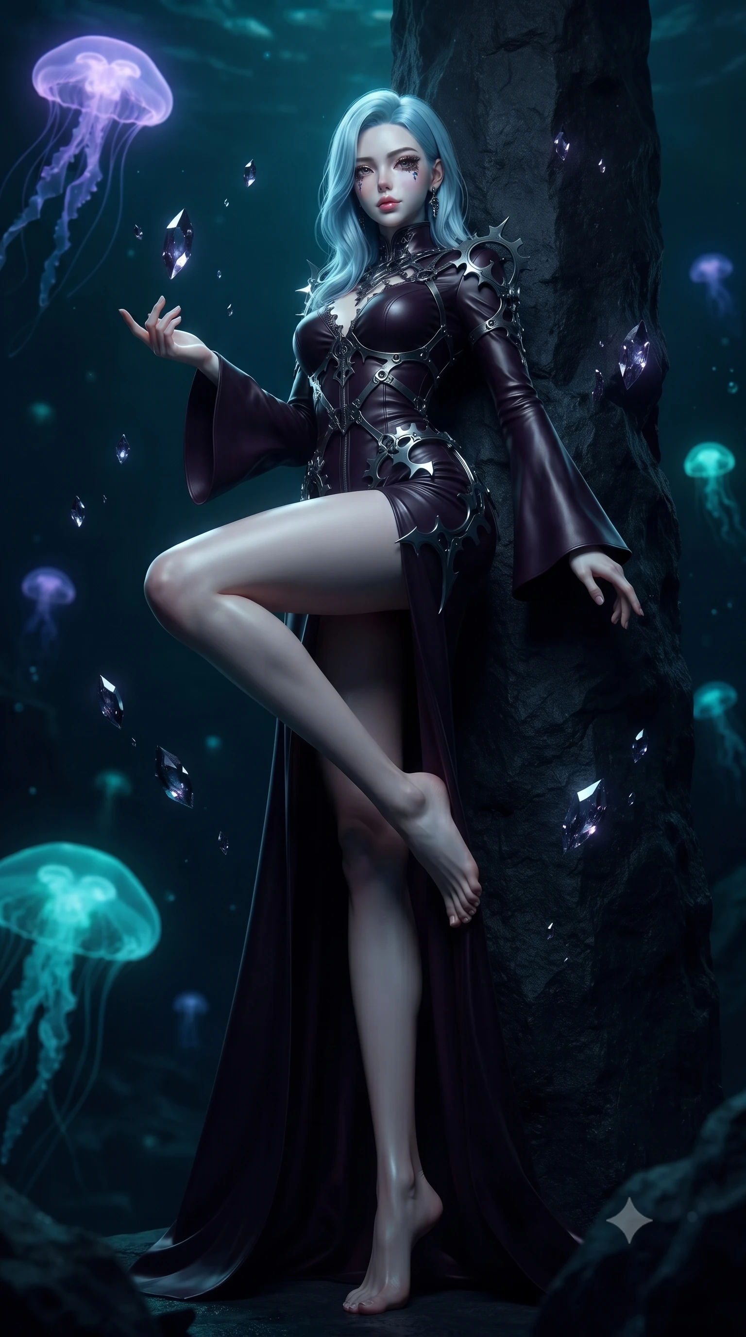 score_9, masterpiece, best quality, ultra-detailed, high-budget anime keyframe, editorial fashion photography, tasteful artistic composition, Korean woman. low angle full-body shot from head to toe showing her feet, filling the entire 9:16 vertical frame with her statuesque presence, stretching her vertical silhouette. interacting with floating dark crystal particles, her long slender legs poised in motion, resting against a dark basalt pillar as deep blue underwater sparks drift by, deep ocean bioluminescent jellyfish casting soft violet and teal light. She has an absolutely perfect, statuesque 8.5-heads proportion, an exceptionally tall and slender model-like female figure with impossibly long slender legs and an ultra-slim waist. sharp v-shaped jawline, high-bridge nose, intricate jewel-like eyes with depth, thick eyelashes, glossy lips with a natural sheen. wearing gothic high-collar dark plum silk evening gown with long bell sleeves in pitch-black onyx, made of polished black leather, highlighted by a gunmetal metallic harness structure, following her slender form with tailored precision. lit by intense deep-sea key light piercing through midnight ocean depths. ultra-reflective glossy finish, specular highlights, metallic sheen, high-contrast stereoscopic depth, volumetric dynamic lighting, 2k, ultra detail, master piece, 9:16 ratio