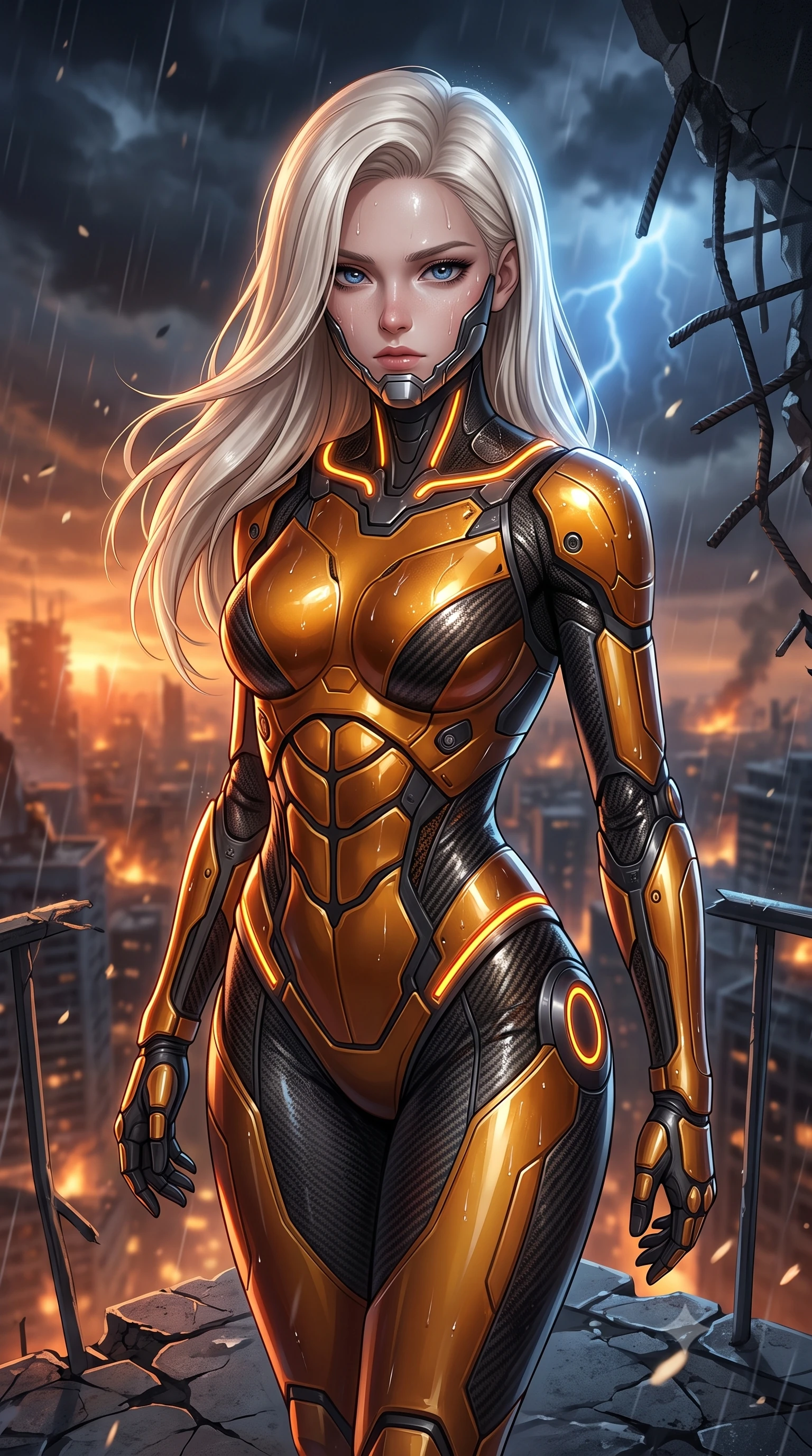 score_9, masterpiece, best quality, ultra-detailed, high-budget anime keyframe, semi-realistic 3D game render, editorial fashion photography, tasteful artistic composition, Caucasian woman. close-up cowboy shot from the waist and thighs up, the character dominates the composition, filling the frame with her large presence. tilting her head slightly with solemn warrior composure, sweat and rain glistening on her sculpted collarbones and high-bridge nose while standing poised on the cracked edge of a shattered skyscraper balcony overlooking a burning dystopian megacity under dark storm clouds. The composition keeps background elements in soft focus with creamy bokeh. twisted structural rebar and falling ash flakes softened in moody atmospheric depth of field. She has an exceptionally elegant, slender, and willowy female figure with an ultra-slim waist, a gracefully sculpted slender torso, toned flat midriff, and a refined slim silhouette. sharp v-shaped jawline, high-bridge nose, intricate jewel-like eyes with depth, thick eyelashes, glossy lips with a natural sheen, fierce and resolute heroine expression, flawlessly proportioned anatomical accuracy, strict slender model proportions, natural body alignment, perfectly sculpted long slender limbs, ultra-slim waistline, clean dynamic posture without body distortion. wearing a sleek titanium half-face combat rebreather guard protecting her lower jaw while leaving her expressive eyes and long hair flowing freely, paired with an ultra-sleek high-gloss carbon-composite exoskeleton suit featuring kinetic shock-absorbing shin guards and flexible limb articulation joints in molten amber-gold carbon cuirass with dark gunmetal weave, tailored from flexible second-skin ballistic carbon-mesh adhering flawlessly to her athletic build, accented with glowing fiber-optic telemetry conduits tracing her collarbones and hip curves, the sleek second-skin cut tightly hugging her graceful clavicle, narrow waist, and feminine curves with athletic precision. bathed in ominous amber horizon fire glow and cold blue storm lightning flashes. rich saturated anime colors with glowing neon highlights, detailed shading with soft gradients, rich glossy textures, high-contrast stereoscopic depth, volumetric dynamic lighting, master piece, 9:16 ratio