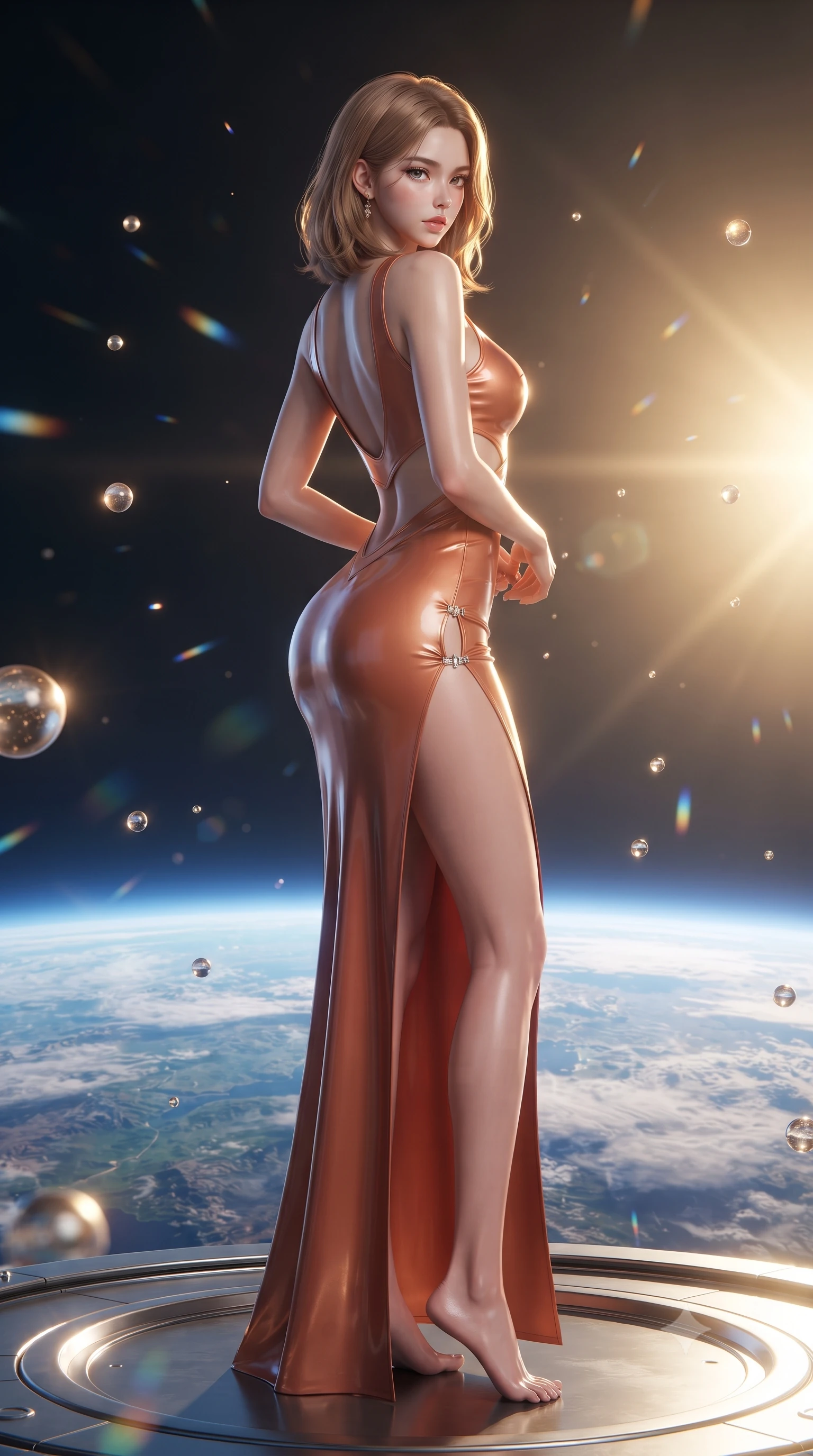 score_9, masterpiece, best quality, ultra-detailed, high-budget anime keyframe, editorial fashion photography, tasteful artistic composition, Korean woman. low angle full-body shot from head to toe showing her feet, filling the entire 9:16 vertical frame with her statuesque presence, stretching her vertical silhouette. posing with back turned slightly to the lens, glancing back with smoldering allure as she arches her lower back to emphasize her sculpted feminine hips and slender waist while standing poised on the magnetic observation deck, twisting her slender torso in an alluring S-curve as continents and cloud swirls drift beneath her feet. The composition keeps background elements in soft focus with creamy bokeh. floating zero-gravity champagne spheres and prism reflections scattering radiant celestial light motes. She has an exceptionally tall and slender model-like 8.5-heads proportion, an ultra-slim waist, a flat toned midriff, narrow delicate ribcage, and beautifully sculpted feminine hips creating a graceful, slim hourglass silhouette without any bulky heaviness, with impossibly long slender legs. sharp v-shaped jawline, high-bridge nose, intricate jewel-like eyes with depth, thick eyelashes, glossy parted lips with a natural sheen, intensely captivating and seductive bedroom-eyes expression, flawlessly proportioned anatomical accuracy, strict slender model proportions, natural body alignment, perfectly sculpted long slender limbs, ultra-slim waistline, clean dynamic posture without body distortion. wearing a tailored tartan-wool and crushed-velvet corseted gala gown with an architectural open-waist cutout and high-cut thigh slit in desert terracotta copper and sun-baked sand gold, tailored from second-skin aerodynamic stretch vinyl with specular wet sheen, finished with an ultra-high side slit secured by miniature jeweled clasps, the liquid-tight tailored fabric clinging flawlessly to her narrow waist and rounded feminine hips, emphasizing every millimeter of her sculpted slim hourglass curves without any bulky heaviness. bathed in radiant golden orbital sunrise backlighting and ambient cool blue Earth glow from below. ultra-reflective glossy finish, specular highlights, rich textural contrasts, high-contrast stereoscopic depth, volumetric dynamic lighting, 2k, ultra detail, master piece, 9:16 ratio