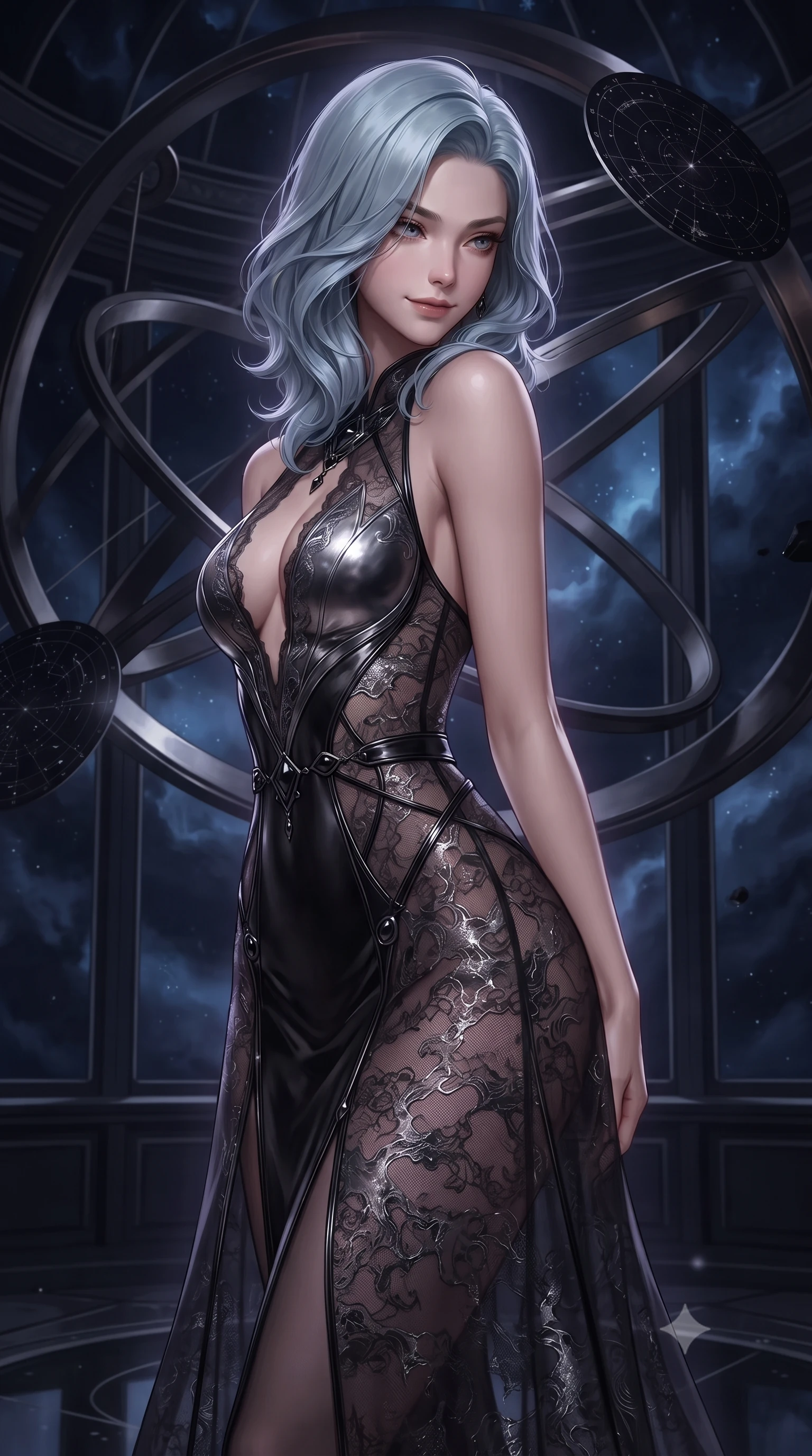 score_9, masterpiece, best quality, ultra-detailed, high-budget anime keyframe, editorial fashion photography, tasteful artistic composition, Korean woman. close-up cowboy shot from the waist and thighs up, the character dominates the composition, filling the frame with her large presence, background elements kept in soft focus. Glancing sidelong over her shoulder with a smoldering, enigmatic half-smile, navigating a dark armillary sphere hall with floating black star charts, deep navy and pitch-black nebula clouds swirling silently outside. She has an exceptionally elegant, slender, and willowy female figure with an ultra-slim waist, a gracefully sculpted slender torso, and a refined silhouette. sharp v-shaped jawline, high-bridge nose, intricate jewel-like eyes with depth, thick eyelashes, glossy lips with a natural sheen. wearing gothic nebula sheer dark lace gown with plunging neckline in metallic dark silver, made of polished black leather, adorned with minimalist black onyx hardware framing the silhouette, sculpting her athletic slender build with refined precision. surrounded by an eerie dark violet starlight aura and sharp rim highlights. ultra-reflective glossy finish, specular highlights, metallic sheen, high-contrast stereoscopic depth, volumetric dynamic lighting, 2k, ultra detail, master piece, 9:16 ratio