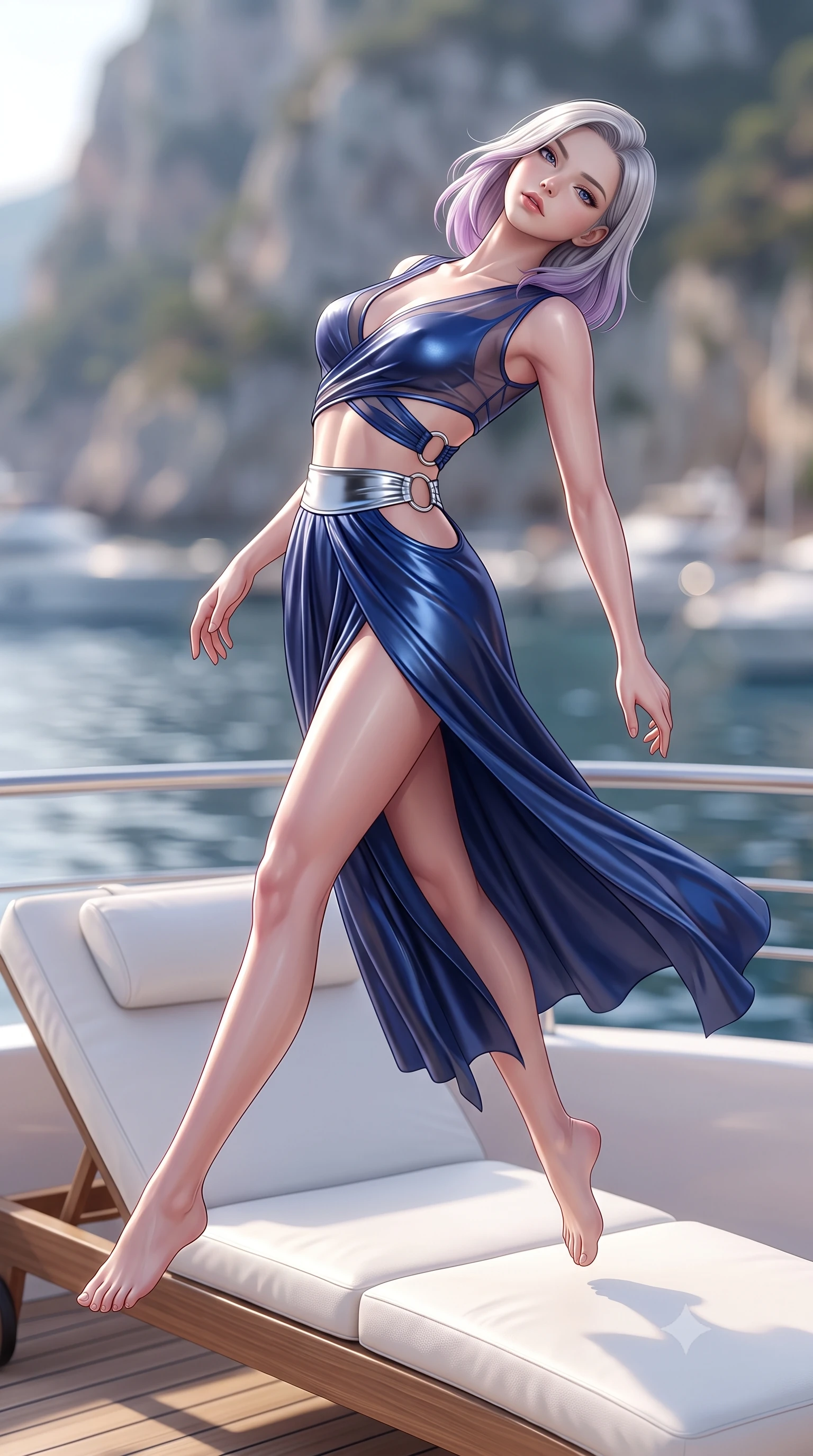 score_9, masterpiece, best quality, ultra-detailed, high-budget anime keyframe, semi-realistic 3D game render, editorial fashion photography, tasteful artistic composition, Caucasian woman. low angle full-body shot from head to toe showing her feet, filling the entire 9:16 vertical frame with her statuesque presence, stretching her vertical silhouette. arching her back in a fluid zero-gravity turn with sovereign grace, her long slender legs and sculpted torso creating a sweeping line while stretching her slender legs along a white leather sun-lounger with Mediterranean sea breezes fluttering her silk dress. The composition keeps background elements in soft focus with creamy bokeh. harbor water ripples and distant coastal cliffs softened in luminous shallow depth of field. She has an absolutely perfect, statuesque 8.5-heads proportion, an exceptionally tall and slender model-like female figure with impossibly long slender legs, a toned flat midriff, and an ultra-slim waist. sharp v-shaped jawline, high-bridge nose, intricate jewel-like eyes with depth, thick eyelashes, glossy lips with a natural sheen, flawlessly proportioned anatomical accuracy, strict slender model proportions, natural body alignment, perfectly sculpted long slender limbs, ultra-slim waistline, clean dynamic posture without body distortion. wearing a shortened cyber-fusion wrap top with transparent chiffon panels, a deep crossover neckline, and a high-waisted metallic sash that accentuates her ultra-slim waist in deep royal navy blue and specular chrome, made of liquid metal jersey that clings flawlessly to every contour of her build, detailed with polished silver rings connecting the daring side-waist cutouts, the liquid-tight tailored fabric emphasizing every curve of her tall, slender model proportions and sculptured silhouette during dynamic movement. illuminated by soft yacht ambient lighting and crisp specular highlights tracing her slender curves. highly saturated vibrant anime colors, detailed shading with soft gradients, rich glossy textures, high-contrast stereoscopic depth, volumetric dynamic lighting, master piece, 9:16 ratio