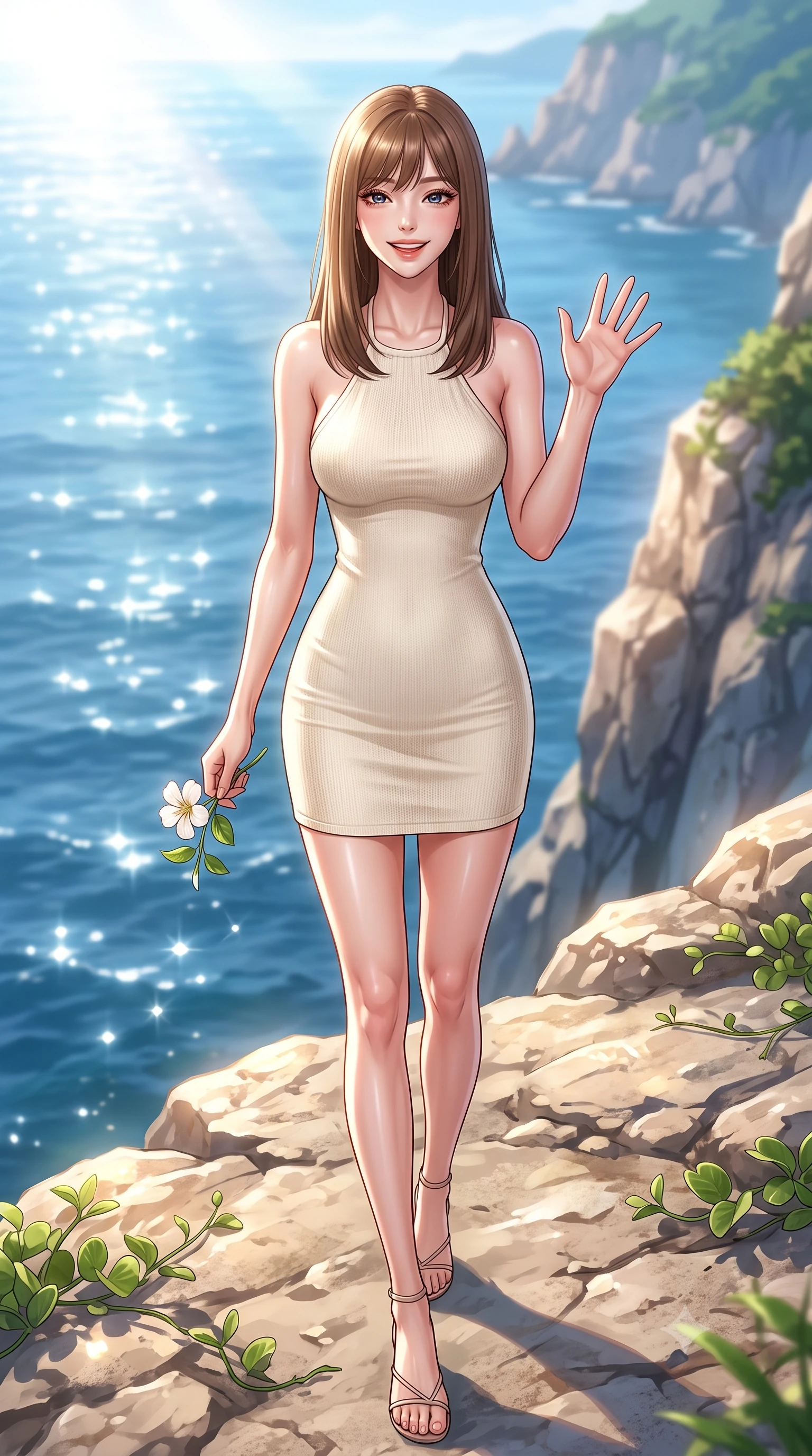score_9, masterpiece, best quality, ultra-detailed, high-budget anime keyframe, editorial fashion photography, tasteful artistic composition, Korean woman. low angle full-body shot from head to toe showing her feet, filling the entire 9:16 vertical frame with her statuesque presence, stretching her vertical silhouette. stepping forward with a bright, cheerful smile, waving happily at the viewer set against a soft-focus background of on a rocky coastal cliff lookout with views of the vast blue ocean holding a small white flower from a beach vine with a lovely smile. She has an absolutely perfect, statuesque 8.5-heads proportion, an exceptionally tall and slender model-like female figure with impossibly long slender legs and an ultra-slim waist. sharp v-shaped jawline, high-bridge nose, intricate jewel-like eyes with depth, thick eyelashes, glossy lips with a natural sheen. wearing slim-fit sleek, tight-fitting knit halter dress in cream, tracing her slender silhouette. bright morning sun rays creating sparkling glints on the blue sea water. highly saturated vibrant anime colors, detailed shading with soft gradients, rich glossy textures, high-contrast stereoscopic depth, volumetric dynamic lighting, master piece, 9:16 ratio