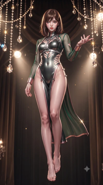 score_9, masterpiece, best quality, ultra-detailed, high-budget anime keyframe, editorial fashion photography, tasteful artistic composition, Korean woman. low angle full-body shot from head to toe showing her feet, filling the entire 9:16 vertical f