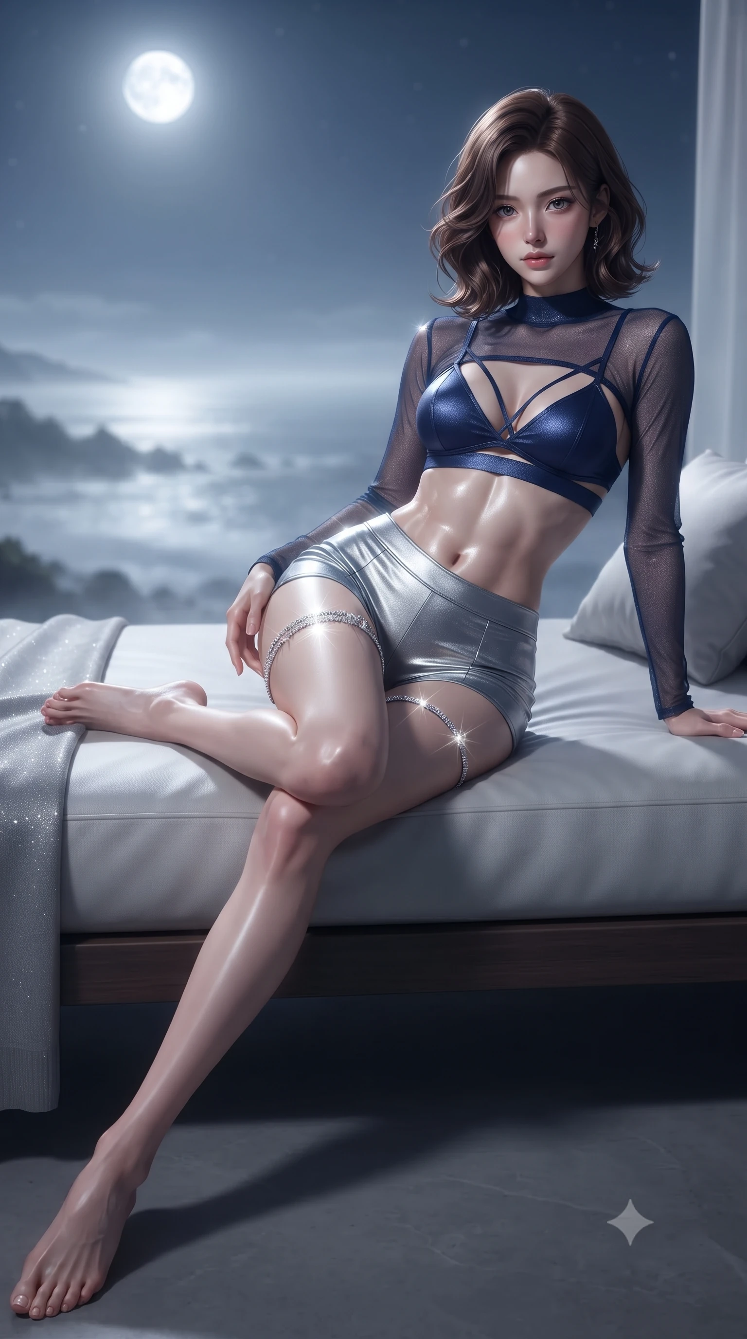 score_9, masterpiece, best quality, ultra-detailed, high-budget anime keyframe, editorial fashion photography, tasteful artistic composition, Korean woman. low angle full-body shot from head to toe showing her feet, filling the entire 9:16 vertical frame with her statuesque presence, stretching her vertical silhouette. lounging on the lavish daybed with legs crossed and hips angled toward the camera, displaying her toned midriff and long slender limbs with effortless siren poise while twisting her slender torso in an alluring contrapposto stance, moonlight carving sharp highlights across her flat midriff and curvy hips. The background shows a soft-focus floating mist layers over the coastline softened in romantic high-altitude shallow focus. She has an absolutely perfect, statuesque 8.5-heads proportion, an exceptionally tall and slender model-like female figure with impossibly long slender legs, an ultra-slim waist, a flat toned midriff, narrow delicate ribcage, and beautifully sculpted feminine hips creating a graceful, slim hourglass silhouette without any bulky heaviness. sharp v-shaped jawline, high-bridge nose, sparkling eyes with hypnotic seductive depth, thick curled eyelashes, glossy parted lips with a natural dewy peach sheen, alluring bedroom-eyes with an enchanting coquettish smile, exuding magnetic siren charisma and sophisticated glamour, flawlessly proportioned anatomical accuracy, strict slender model proportions, natural body alignment, perfectly sculpted long slender limbs, ultra-slim waistline, clean dynamic posture without body distortion. wearing a sheer athletic mesh long-sleeve crop top layered over an opaque strappy micro-bralette and tight leatherette shorts in metallic liquid silver and deep sapphire navy, woven from stretch metallic lurex jersey casting radiant starlight glints across her silhouette, accented with a delicate crystal-encrusted thigh garter strap glinting under the lights, the second-skin tailored fabric adhering flawlessly to her sculpted flat midriff and slender torso, emphasizing her long leg lines and perfectly proportioned willowy build. bathed in brilliant horizontal moonlight sweeping across the ocean surface. ultra-reflective glossy finish, specular highlights, rich textural contrasts, high-contrast stereoscopic depth, volumetric dynamic lighting, 2k, ultra detail, master piece, 9:16 ratio
