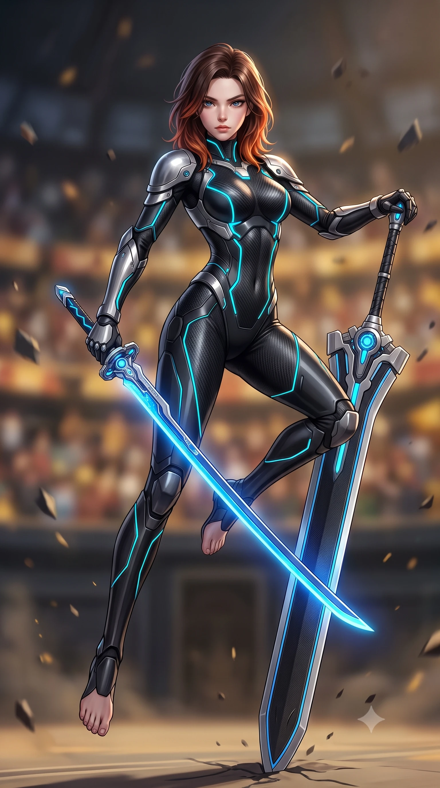 score_9, masterpiece, best quality, ultra-detailed, high-budget anime keyframe, semi-realistic 3D game render, editorial fashion photography, tasteful artistic composition, Korean woman. low angle full-body shot from head to toe showing her feet, filling the entire 9:16 vertical frame with her statuesque presence, stretching her vertical silhouette. performing an alluring mid-air combat landing with flawless poise, looking directly into the camera with regal, deadly intensity while pivoting dynamically as she plants the colossal greatsword tip into the ground, leaning on the hilt with sovereign poise. The composition keeps background elements in soft focus with creamy bokeh. holographic colosseum spectator stands and floating debris blurred into rich amber, gold, and charcoal bokeh. She has an absolutely perfect, statuesque 8.5-heads proportion, an exceptionally tall and slender model-like female figure with impossibly long slender legs, a toned flat midriff, and an ultra-slim waist. sharp v-shaped jawline, high-bridge nose, intricate jewel-like eyes with depth, thick eyelashes, glossy lips with a natural sheen, flawlessly proportioned anatomical accuracy, strict slender model proportions, natural body alignment, perfectly sculpted long slender limbs, ultra-slim waistline, clean dynamic posture without body distortion. wearing an aerodynamic matte-black carbon-fiber bodysuit with glowing neon cyan conduit lines, reinforced by polished titanium pauldrons, wielding a sleek holographic plasma katana with a brilliant energy blade in electric cobalt blue carbon with polished platinum trim, crafted from ultra-strong woven carbon-fiber composite with a satin luster, featuring a sleek aerodynamic collar framed by subtle glowing cybernetic status LEDs, the form-contouring material adhering flawlessly to her sculpted flat midriff and slender torso, emphasizing her long leg lines and perfectly proportioned willowy build. surrounded by an invincible, royal, and fiercely captivating cyber-gladiator empress aura. rich saturated anime colors with glowing neon highlights, detailed shading with soft gradients, rich glossy textures, high-contrast stereoscopic depth, volumetric dynamic lighting, master piece, 9:16 ratio