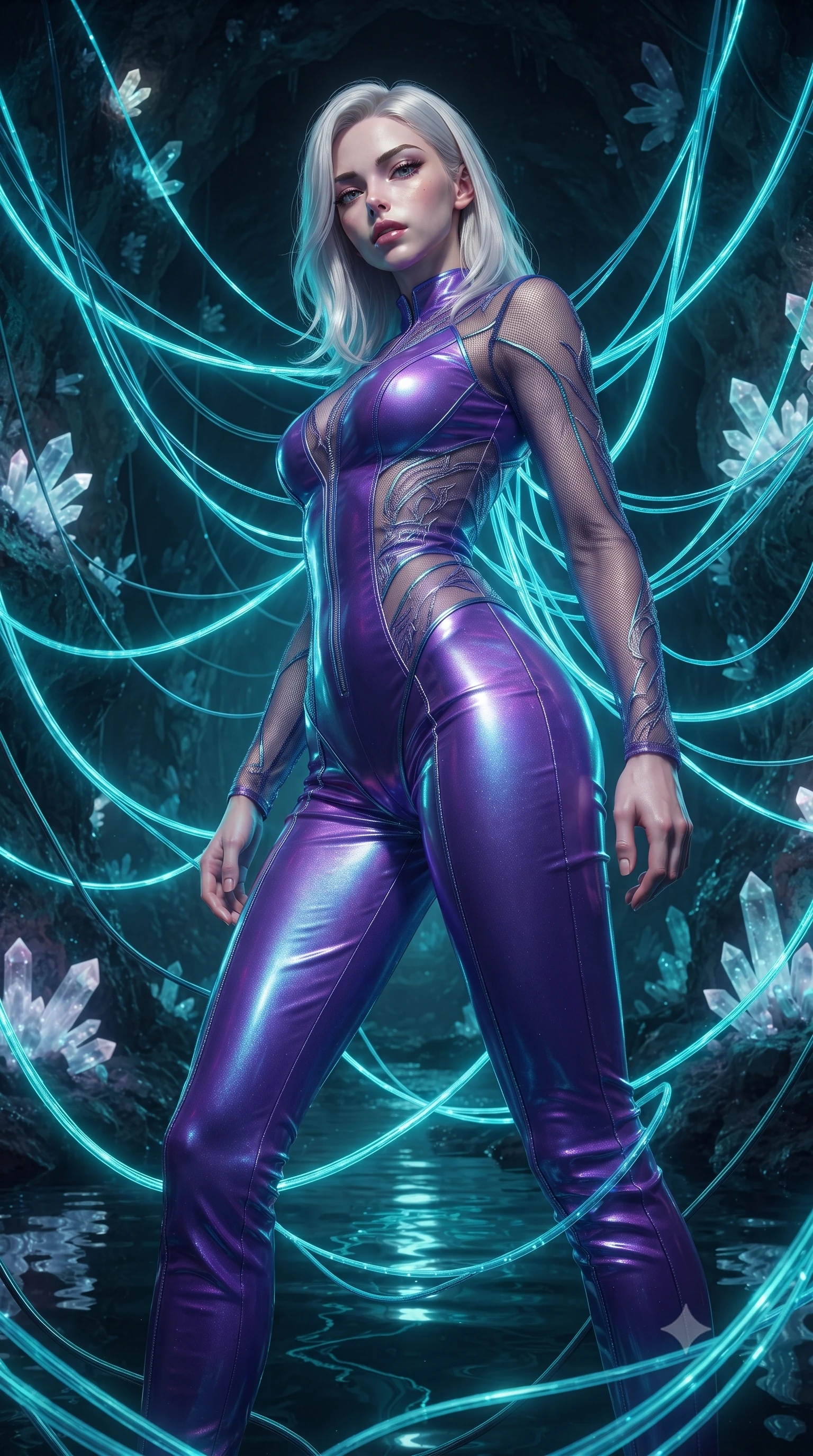 score_9, masterpiece, best quality, ultra-detailed, High-budget Anime Keyframe, editorial fashion photography, tasteful artistic composition, realistic cosplay photography, Caucasian woman, strictly human ears. Low angle cowboy shot filling the entire 9:16 frame with her statuesque presence. Scenario 517: tangled in a web of glowing cyan fiber-optic cables inside an underground cave lined with glowing quartz crystals and deep pools. Her presence is magnetic and overpowering in this high-budget cinematic scene. Outfit 517: a tailored neon violet shimmering chiffon catsuit with sheer sleeves and opaque panels. The clothing is designed to emphasize her exceptionally tall and slender 8-heads proportion. 8-heads proportion, towering silhouette, ultra-slim waist. sharp v-shaped jawline, intricate jewel-like eyes with depth, thick eyelashes, glossy lips. ultra-reflective glossy finish, specular highlights, metallic sheen, high-contrast stereoscopic depth, volumetric dynamic lighting, 2k, ultra detail, master piece, 9:16 ratio