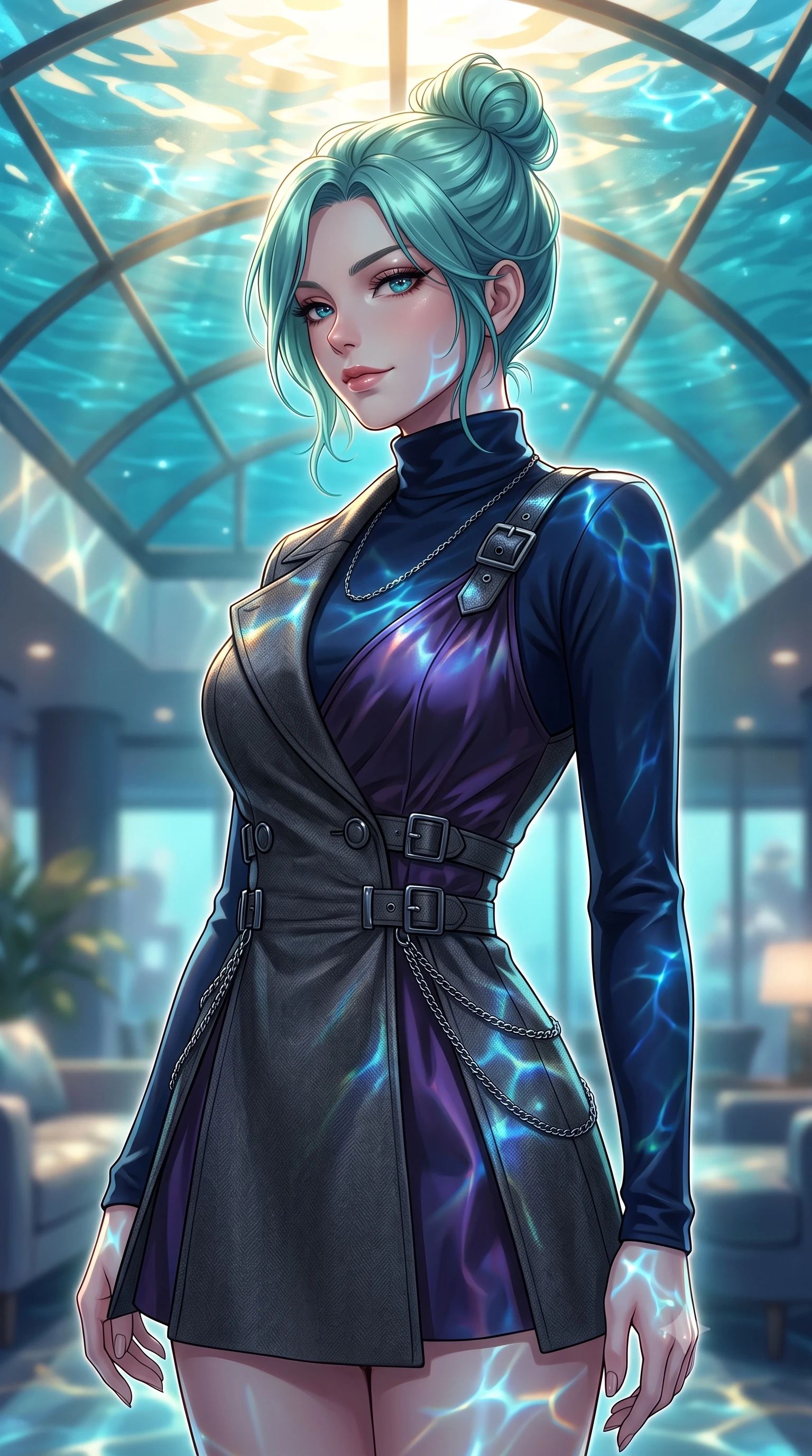 score_9, masterpiece, best quality, ultra-detailed, high-budget anime keyframe, editorial fashion photography, tasteful artistic composition, Japanese woman. close-up cowboy shot from the waist and thighs up, the character dominates the composition, filling the frame with her large presence, background elements kept in soft focus. Glancing sidelong over her shoulder with a smoldering, enigmatic half-smile, poised beneath a glass ceiling as golden sunlight dances through turquoise water, shimmering caustic light ripples dancing dynamically across her body and gown. She has an exceptionally elegant, slender, and willowy female figure with an ultra-slim waist, a gracefully sculpted slender torso, and a refined silhouette. sharp v-shaped jawline, high-bridge nose, intricate jewel-like eyes with depth, thick eyelashes, glossy lips with a natural sheen. wearing structured charcoal trench dress over sleek turtleneck in midnight navy blue, made of iridescent dark violet taffeta, framed by dark titanium buckles and silver chain details, contouring every curve with an exceptionally elegant silhouette. surrounded by an ethereal underwater aura with bright pearl rim lights. highly saturated vibrant anime colors, detailed shading with soft gradients, rich glossy textures, high-contrast stereoscopic depth, volumetric dynamic lighting, master piece, 9:16 ratio