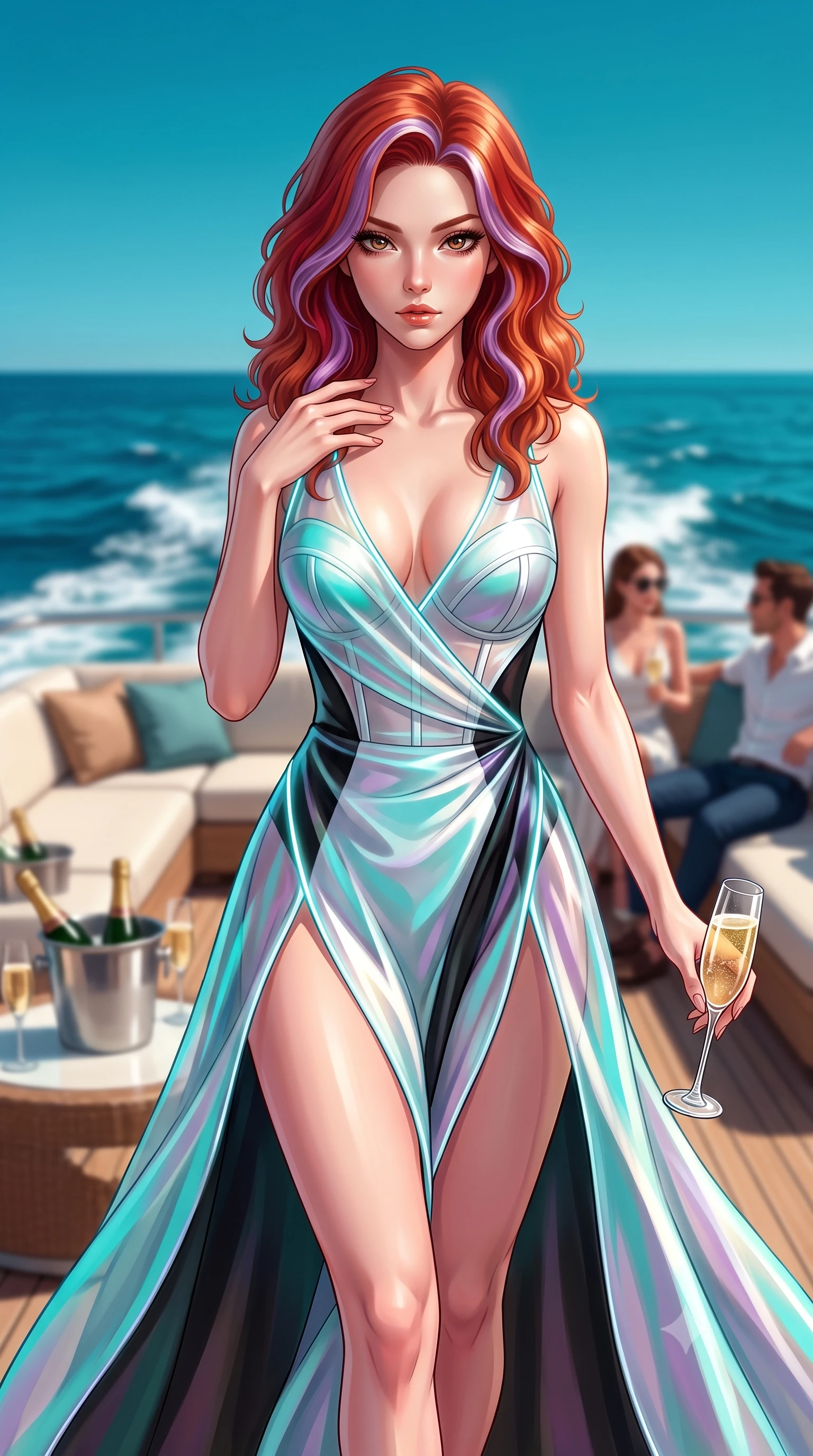 score_9, masterpiece, best quality, ultra-detailed, high-budget anime keyframe, semi-realistic 3D game render, editorial fashion photography, tasteful artistic composition, Caucasian woman. close-up cowboy shot from the waist and thighs up, the character dominates the composition, filling the frame with her large presence. leaning forward with a dangerous, enticing smolder, resting one hand near her collarbone while casting a fiery, magnetic direct gaze while stepping gracefully toward the yacht lounge with champagne glass in hand under a cloudless turquoise sky. The composition keeps background elements in soft focus with creamy bokeh. sparkling deep blue Mediterranean sea waves and white yacht wake blurred into rich turquoise bokeh. She has an exceptionally elegant, slender, and willowy female figure with an ultra-slim waist, a gracefully sculpted slender torso, toned flat midriff, and a refined slim silhouette. sharp v-shaped jawline, high-bridge nose, intricate jewel-like eyes with depth, thick eyelashes, glossy lips with a natural sheen, flawlessly proportioned anatomical accuracy, strict slender model proportions, natural body alignment, perfectly sculpted long slender limbs, ultra-slim waistline, clean dynamic posture without body distortion. wearing a translucent iridescent organza wrap dress with structured bustier boning, plunging neckline, and high-cut dual leg slits in high-gloss monochrome white and sharp black contrast, made of smooth iridescent silk chiffon that shifts colors with movement, accented with glowing fiber-optic seams tracing her collarbones and hip curves, the sleek second-skin cut tightly hugging her graceful clavicle, narrow waist, and feminine curves with athletic precision. surrounded by an exclusive, sun-drenched, and unapologetically glamorous superyacht luxury aura. highly saturated vibrant anime colors, detailed shading with soft gradients, rich glossy textures, high-contrast stereoscopic depth, volumetric dynamic lighting, master piece, 9:16 ratio
