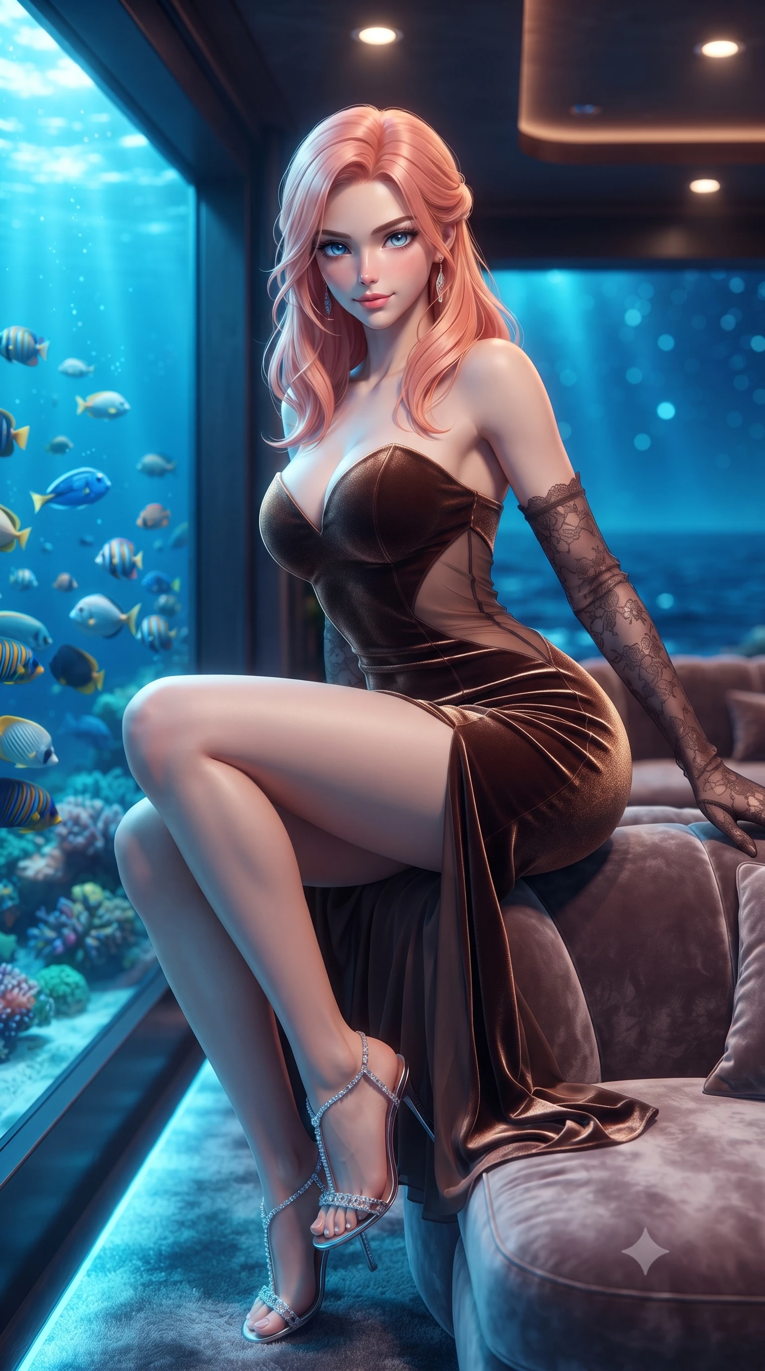 score_9, masterpiece, best quality, ultra-detailed, high-budget anime keyframe, editorial fashion photography, tasteful artistic composition, Japanese woman. close-up cowboy shot from the waist and thighs up, the character dominates the composition, filling the frame with her large presence. perched sideways on the lounge seat, one knee drawn up to showcase her slender leg line while her arched back accentuates her feminine hip curve while twisting her slender torso in an alluring S-curve, underwater blue hull lights illuminating schools of reef fish around her feet and curves. The background shows a soft-focus glowing azure underwater LED beams, calm Caribbean water ripples, and dark open ocean horizon blurred into cyan, cobalt, and starlight bokeh. She has an exceptionally elegant, slender, and willowy female figure with an ultra-slim waist, flat toned midriff, narrow ribcage, and sculpted feminine hips creating an alluring, slim hourglass silhouette without bulk. sharp v-shaped jawline, high-bridge nose, sparkling eyes with hypnotic seductive depth, thick curled eyelashes, glossy parted lips with a natural dewy peach sheen, alluring bedroom-eyes with an enchanting coquettish smile, exuding magnetic siren charisma and sophisticated glamour, flawlessly proportioned anatomical accuracy, strict slender model proportions, natural body alignment, perfectly sculpted long slender limbs, ultra-slim waistline, clean dynamic posture without body distortion. wearing a deep sweetheart-neckline velvet bodycon dress with sheer side-torso cutouts accentuating her hourglass curves in sultry espresso bronze and metallic copper, made of sheer gossamer chiffon that drapes softly against skin with airy translucence, complemented by sheer opera-length lace evening gloves tracing her slender arms, the form-contouring silhouette accentuating her sculpted flat midriff, narrow delicate ribcage, and gracefully curvy hips with intoxicating allure. bathed in brilliant underwater sapphire LED hull lighting paired with warm recessed ceiling spotlights from the beach club salon. ultra-reflective glossy finish, specular highlights, rich textural contrasts, high-contrast stereoscopic depth, volumetric dynamic lighting, 2k, ultra detail, master piece, 9:16 ratio