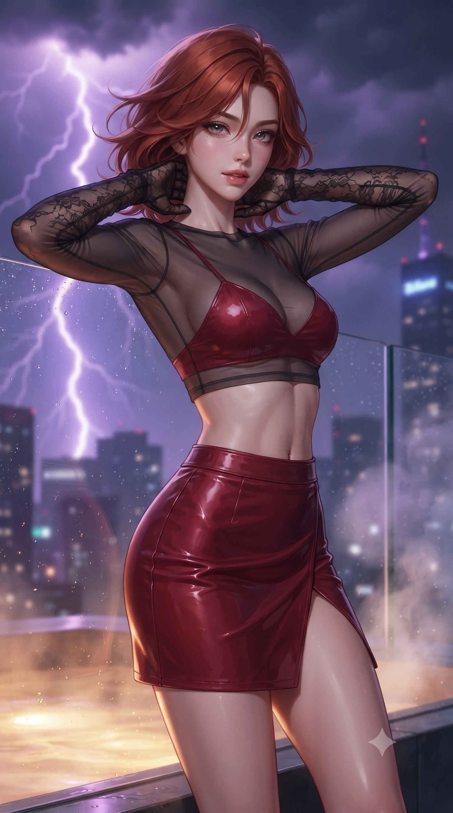score_9, masterpiece, best quality, ultra-detailed, high-budget anime keyframe, editorial fashion photography, tasteful artistic composition, Korean woman. close-up cowboy shot from the waist and thighs up, the character dominates the composition, filling the frame with her large presence. resting both hands lightly behind her neck with elbows raised, arching her spine to highlight her narrow waist, flat midriff, and breathtaking collarbones while leaning against the infinity edge glass wall overlooking the stormy neon city with hips cocked back, looking back with smoldering eyes. The background shows a soft-focus swirling storm clouds with purple lightning arcs, distant neon skyscraper antennas, and billowing thermal steam blurred into violet, sapphire, and starlight bokeh. She has an exceptionally elegant, slender, and willowy female figure with an ultra-slim waist, flat toned midriff, narrow ribcage, and sculpted feminine hips creating an alluring, slim hourglass silhouette without bulk. sharp v-shaped jawline, high-bridge nose, sparkling eyes with hypnotic seductive depth, thick curled eyelashes, glossy parted lips with a natural dewy peach sheen, alluring bedroom-eyes with an enchanting coquettish smile, exuding magnetic siren charisma and sophisticated glamour, flawlessly proportioned anatomical accuracy, strict slender model proportions, natural body alignment, perfectly sculpted long slender limbs, ultra-slim waistline, clean dynamic posture without body distortion. wearing a sheer mesh long-sleeve crop top over an opaque strappy micro-bralette and a sleek leatherette mini skirt in rich cherry lacquer and smoky charcoal, made of semi-opaque stretch illusion mesh with soft shadowy contours, complemented by sheer opera-length lace evening gloves tracing her slender arms, the high-slit wrap tailoring accentuating her ultra-slim waistline and the enchanting curve of her feminine hips with alluring seductive charm. bathed in warm underwater thermal tub illumination paired with sudden lightning flash strobes from the storm. ultra-reflective glossy finish, specular highlights, rich textural contrasts, high-contrast stereoscopic depth, volumetric dynamic lighting, 2k, ultra detail, master piece, 9:16 ratio