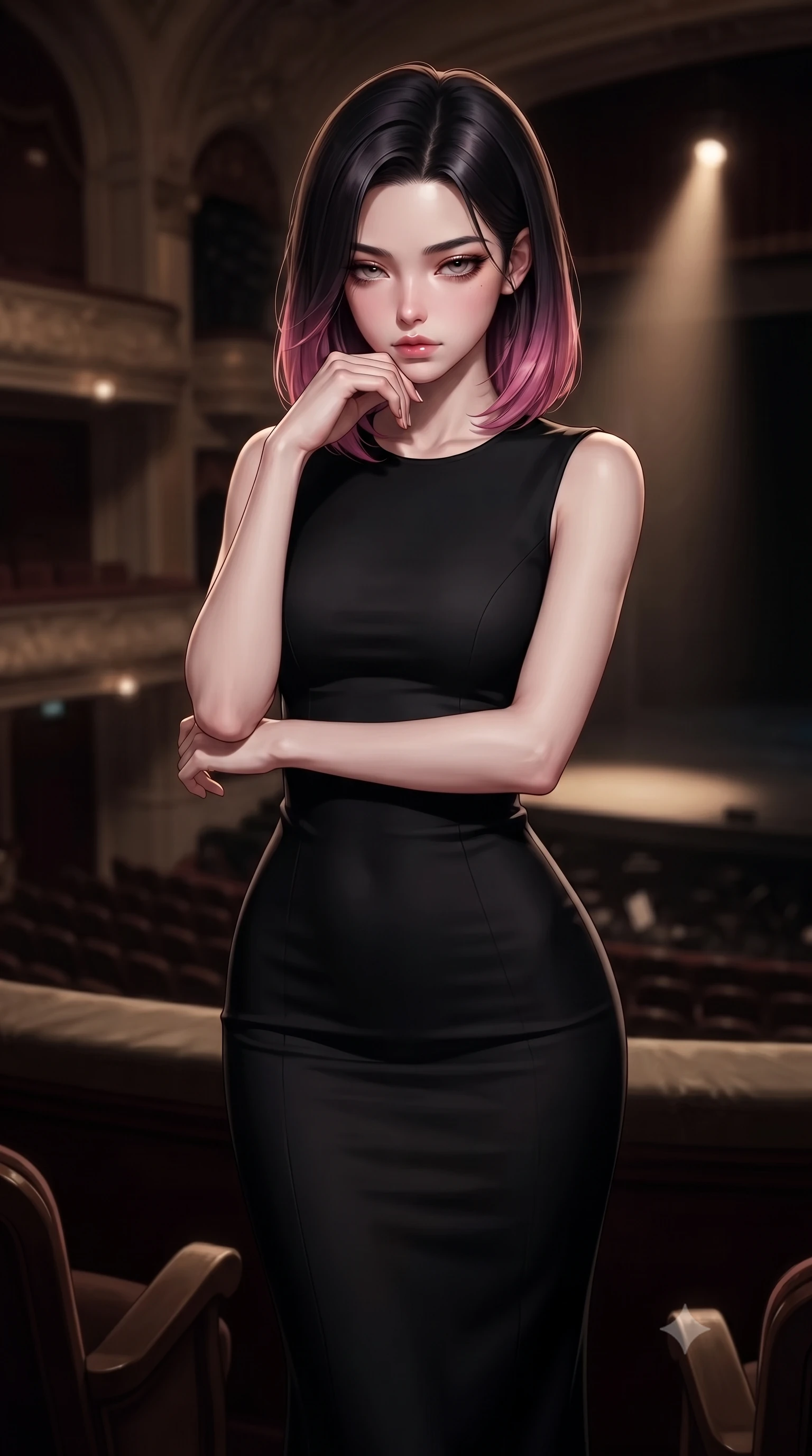 score_9, masterpiece, best quality, ultra-detailed, high-budget anime keyframe, editorial fashion photography, tasteful artistic composition, Korean woman. close-up cowboy shot from the waist and thighs up, the character dominates the composition, filling the frame with her large presence, background elements kept in soft focus. resting her chin on the backs of her fingers, casting a heavy-lidded, sultry look past the camera the background shows a soft-focus a private balcony alcove of a historic grand theater overlooking the empty orchestra pit. She has an exceptionally elegant, slender, and willowy female figure with an ultra-slim waist, a gracefully sculpted slender torso, and a refined silhouette. sharp v-shaped jawline, high-bridge nose, intricate jewel-like eyes with depth, thick eyelashes, glossy lips with a natural sheen. wearing a form-contouring form-fitting black bodycon dress in structured crepe fabric with a simple crew neck. a single warm spotlight from the stage tracing her statuesque posture. ultra-reflective glossy finish, specular highlights, metallic sheen, high-contrast stereoscopic depth, volumetric dynamic lighting, 2k, ultra detail, master piece, 9:16 ratio