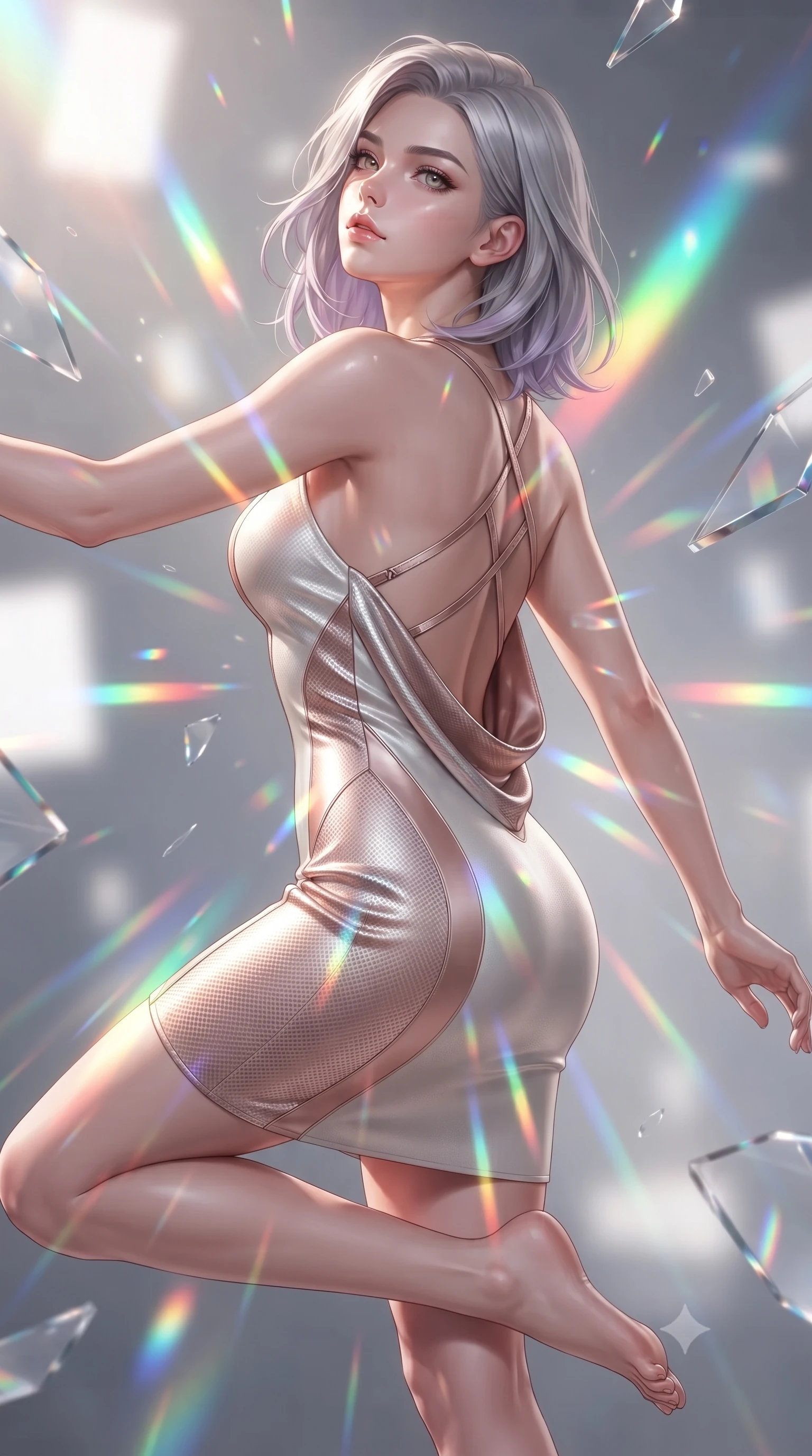 score_9, masterpiece, best quality, ultra-detailed, high-budget anime keyframe, editorial fashion photography, tasteful artistic composition, Caucasian woman. close-up cowboy shot from the waist and thighs up, the character dominates the composition, filling the frame with her large presence, background elements kept in soft focus. Tilting her chin up with an air of effortless superiority while balancing dynamically amidst the scene while pivoting gracefully mid-air as multi-color light refraction trails follow her movement, shattered glass prisms scattering intense rainbow light rays across her athletic build. She has an exceptionally elegant, slender, and willowy female figure with an ultra-slim waist, a gracefully sculpted slender torso, and a refined silhouette. sharp v-shaped jawline, high-bridge nose, intricate jewel-like eyes with depth, thick eyelashes, glossy lips with a natural sheen, flawlessly proportioned anatomical accuracy, natural body alignment, perfectly sculpted elegant limbs, clean dynamic posture without body distortion. wearing a precision-fitted liquid jersey bodycon dress with a graceful draped back in pearl white and rose gold, made of fine carbon-fiber weave and soft matte leather, complemented by criss-cross back straps highlighting her bare shoulders, the form-contouring material highlighting her ultra-slim waist and long lines. bathed in brilliant multi-color rainbow light refracting through floating glass prisms. ultra-reflective glossy finish, specular highlights, metallic sheen, high-contrast stereoscopic depth, volumetric dynamic lighting, 2k, ultra detail, master piece, 9:16 ratio