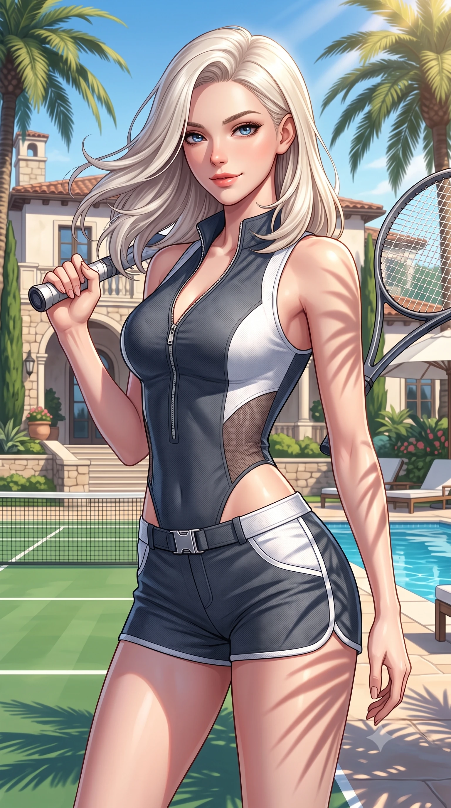 score_9, masterpiece, best quality, ultra-detailed, high-budget anime keyframe, semi-realistic 3D game render, editorial fashion photography, tasteful artistic composition, Caucasian woman. close-up cowboy shot from the waist and thighs up, the character dominates the composition, filling the frame with her large presence. turning slowly with a smoldering smile, her glossy hair tossing in the breeze as her hips angle gracefully in a captivating contrapposto while twisting her slender torso in an alluring contrapposto stance, holding a tennis racket while California palm shadows trace her curvy hips. The surrounding environment is rendered in vivid detail and crisp panoramic clarity: detailed piqué polo texture, golden California sun on skin, and legendary country club architecture in razor-sharp precision. She has an exceptionally elegant, slender, and willowy female figure with an ultra-slim waist, flat toned midriff, narrow ribcage, and sculpted feminine hips creating an alluring, slim hourglass silhouette without bulk. sharp v-shaped jawline, high-bridge nose, sparkling eyes with athletic focus and depth, thick curled eyelashes, glossy parted lips with a natural coral-peach sheen, bright confident and coquettish smile with alluring bedroom-eyes, exuding both youthful sporty vigor and sovereign high-society glamour, flawlessly proportioned anatomical accuracy, strict slender model proportions, natural body alignment, perfectly sculpted long slender limbs, ultra-slim waistline, clean dynamic posture without body distortion. wearing a cut-out racing bodysuit with side-torso mesh inserts and low-rise tailored tennis shorts in speedway charcoal slate and optic white accents, made of second-skin technical compression piqué knit with moisture-wicking stretch, finished with polished chrome zipper pulls and racing harness buckle hardware, the glove-like aerodynamic silhouette tightly following the natural contour of her hips and long slender legs with youthful 8.5-heads elegance. illuminated by water caustic bounce and sharp platinum rim lights defining her sculpted collarbones, ultra-slim waist, and curvy hips. highly saturated vibrant anime colors, detailed shading with soft gradients, rich glossy textures, high-contrast stereoscopic depth, volumetric dynamic lighting, master piece, 9:16 ratio