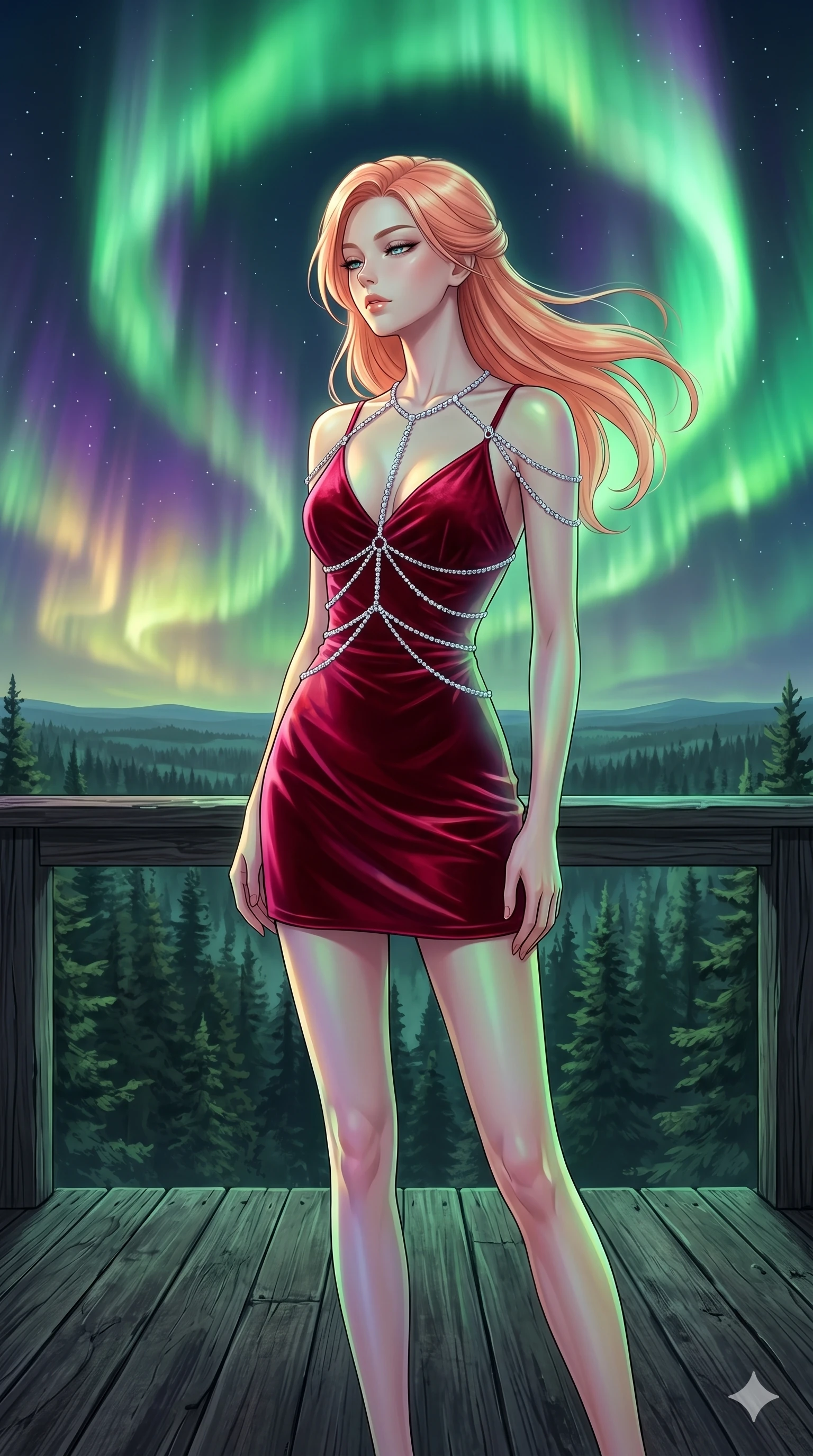 score_9, masterpiece, best quality, ultra-detailed, high-budget anime keyframe, editorial fashion photography, tasteful artistic composition, Japanese woman. cowboy shot from the thighs up, character and outfit filling the frame for maximum editorial presence. Arching her neck slightly with her eyes half-closed in composure on a wooden deck overlooking an ancient pine forest under a sky with a giant green aurora. She has an absolutely perfect 8-heads proportion, an exceptionally tall and slender female figure with impossibly long slender legs and an ultra-slim waist. V-shaped jawline, high-bridge nose, intricate jewel-like eyes with depth, thick eyelashes, glossy lips with a natural sheen. wearing a crimson velvet slip dress with a V-neckline, layered under a delicate crystal body harness that traces her waist and shoulders. illuminated by a shifting aurora palette of green, violet, and gold from above, wrapping her in color. 2k, ultra detail, master piece, 9:16 ratio