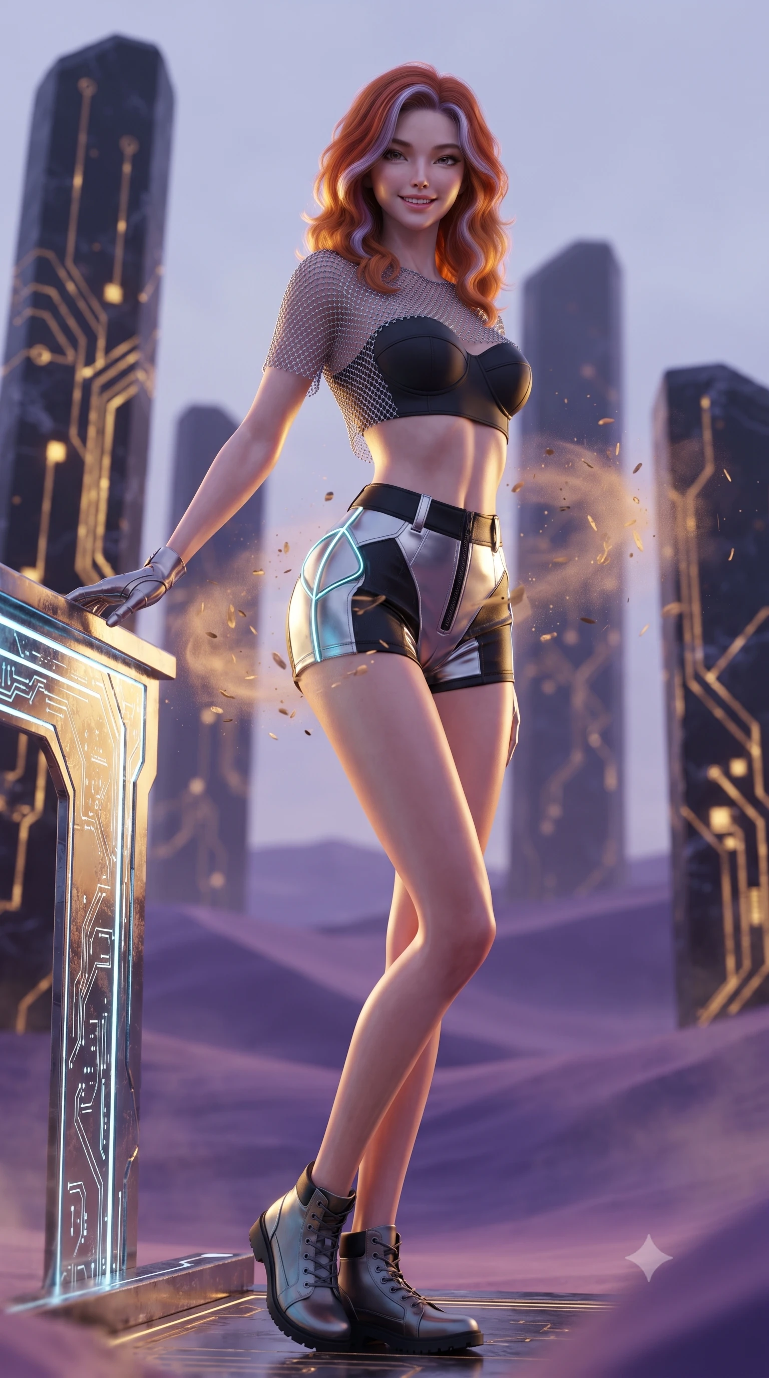 score_9, masterpiece, best quality, ultra-detailed, high-budget anime keyframe, editorial fashion photography, tasteful artistic composition, Caucasian woman. low angle full-body shot from head to toe showing her feet, filling the entire 9:16 vertical frame with her statuesque presence, stretching her vertical silhouette. standing in a tall, confident posture with one hand on a glowing metal railing, stretching her statuesque body as she arches her lower back to emphasize her sculpted feminine hips and slender waist while twisting her slender torso in an alluring contrapposto stance, desert dust and floating rune particles swirling around her narrow waist and hips. The background shows a soft-focus soaring obsidian monoliths with glowing golden circuit etchings and rolling violet sand dunes blurred into copper, amethyst, and gold bokeh. She has an absolutely perfect, statuesque 8.5-heads proportion, an exceptionally tall and slender model-like female figure with impossibly long slender legs, an ultra-slim waist, a flat toned midriff, narrow delicate ribcage, and beautifully sculpted feminine hips creating a graceful, slim hourglass silhouette without any bulky heaviness. sharp v-shaped jawline, high-bridge nose, intricate jewel-like sparkling eyes with depth, thick eyelashes, glossy parted lips with a natural sheen, bright confident smile with an enchanting and coquettish sensual glint, exuding both youthful magnetic charm and sovereign high-tech allure, flawlessly proportioned anatomical accuracy, strict slender model proportions, natural body alignment, perfectly sculpted long slender limbs, ultra-slim waistline, clean dynamic posture without body distortion. wearing a delicate silver chainmail mesh crop top layered over a sculpted matte black bandeau with low-rise combat shorts in liquid chrome silver and pitch black, made of high-grade ballistic nylon with precision laser-cut perforations, accented with glowing neon fiber-optic piping tracing her spine and hip lines, the high-waisted tailoring accentuating her ultra-slim waistline and the enchanting curve of her feminine hips with alluring dark charm. illuminated by glowing monolith circuit veins and sharp golden-amber rim lights sculpting her razor-sharp jawline, narrow waist, and curvy hips. ultra-reflective glossy finish, specular highlights, rich textural contrasts, high-contrast stereoscopic depth, volumetric dynamic lighting, 2k, ultra detail, master piece, 9:16 ratio