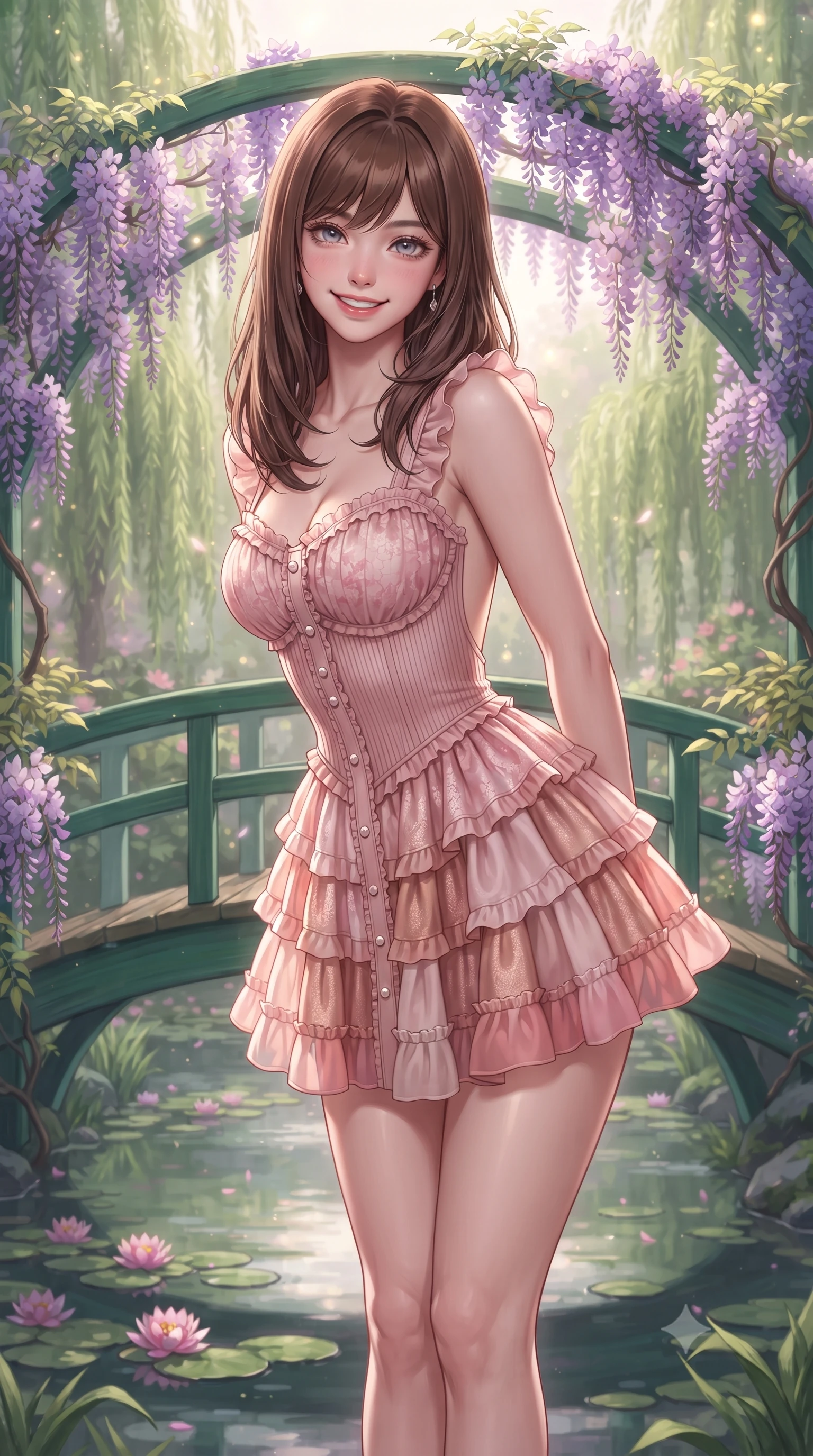 score_9, masterpiece, best quality, ultra-detailed, high-budget anime keyframe, editorial fashion photography, tasteful artistic composition, Korean woman. close-up cowboy shot from the waist and thighs up, the character dominates the composition, filling the frame with her large presence. resting both hands lightly behind her back while leaning toward the lens with a cheerful, teasing grin, her form-fitting outfit hugging her narrow waist and feminine hip curve while pausing gracefully at the center of the iconic green arched wooden bridge draped in wisteria, arching her back with an enchanting, bright cute smile. The composition keeps background elements in soft focus with dreamy creamy bokeh. blooming purple wisteria clusters, weeping willows, and floating pink water lilies blurred into emerald, violet, and shimmering gold bokeh. She has an exceptionally elegant, slender, and willowy female figure with an ultra-slim waist, flat toned midriff, narrow ribcage, and sculpted feminine hips creating an alluring, slim hourglass silhouette without bulk. sharp v-shaped jawline, high-bridge nose, intricate jewel-like sparkling eyes with depth, thick eyelashes, glossy parted lips with a natural peach sheen, bright cheerful beaming smile with an enchanting and coquettish sensual glint, exuding both youthful cute charm and seductive allure, flawlessly proportioned anatomical accuracy, strict slender model proportions, natural body alignment, perfectly sculpted long slender limbs, ultra-slim waistline, clean dynamic posture without body distortion. wearing a tiered ruffled chiffon mini dress with a fitted corseted waist and open back in cherry blossom pink and soft rose gold, formed from supple second-skin stretch ribbed knit clinging to her form, finished with subtle ruffle trims and delicate pearl buttons, the form-fitting cut adhering flawlessly to her sculpted flat midriff and slender torso, emphasizing her long leg lines and perfectly proportioned willowy build. illuminated by calm pond surface specular reflections sharply defining her razor-sharp jawline, narrow waist, and curvy hips. ultra-reflective glossy finish, specular highlights, rich textural contrasts, high-contrast stereoscopic depth, volumetric dynamic lighting, 2k, ultra detail, master piece, 9:16 ratio