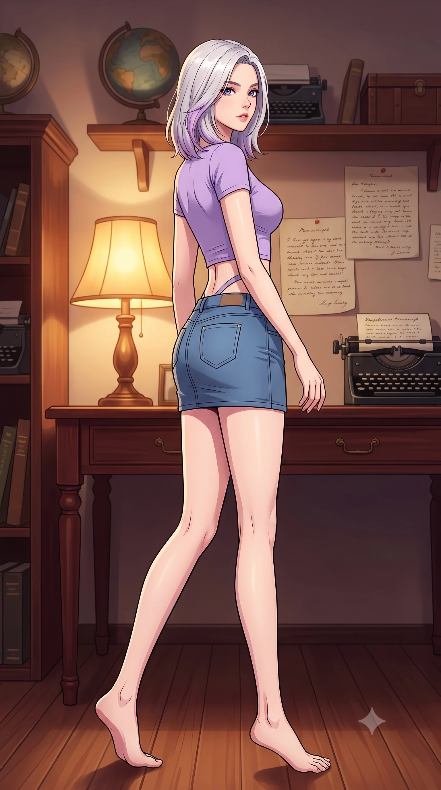 score_9, masterpiece, best quality, ultra-detailed, high-budget anime keyframe, tasteful artistic composition, Caucasian woman. low angle full-body shot from head to toe showing her feet, filling the entire 9:16 vertical frame with her statuesque presence, stretching her vertical silhouette. stepping gracefully while looking back over her shoulder, her dress draped tightly to reveal her silhouette the background shows a soft-focus a cozy personal study with vintage globes, typewriters, and handwritten manuscripts. She has an absolutely perfect, statuesque 8.5-heads proportion, an exceptionally tall and slender model-like female figure with impossibly long slender legs and an ultra-slim waist. sharp v-shaped jawline, high-bridge nose, intricate jewel-like eyes with depth, thick eyelashes, glossy lips with a natural sheen. wearing a body-hugging modern crop top in lavender cotton paired with a low-rise denim skirt and a subtle waist cut-out. warm table lamp light casting cozy, nostalgic shadows on the mahogany desk. highly saturated vibrant anime colors, cel-shading, 2d style, master piece, 9:16 ratio