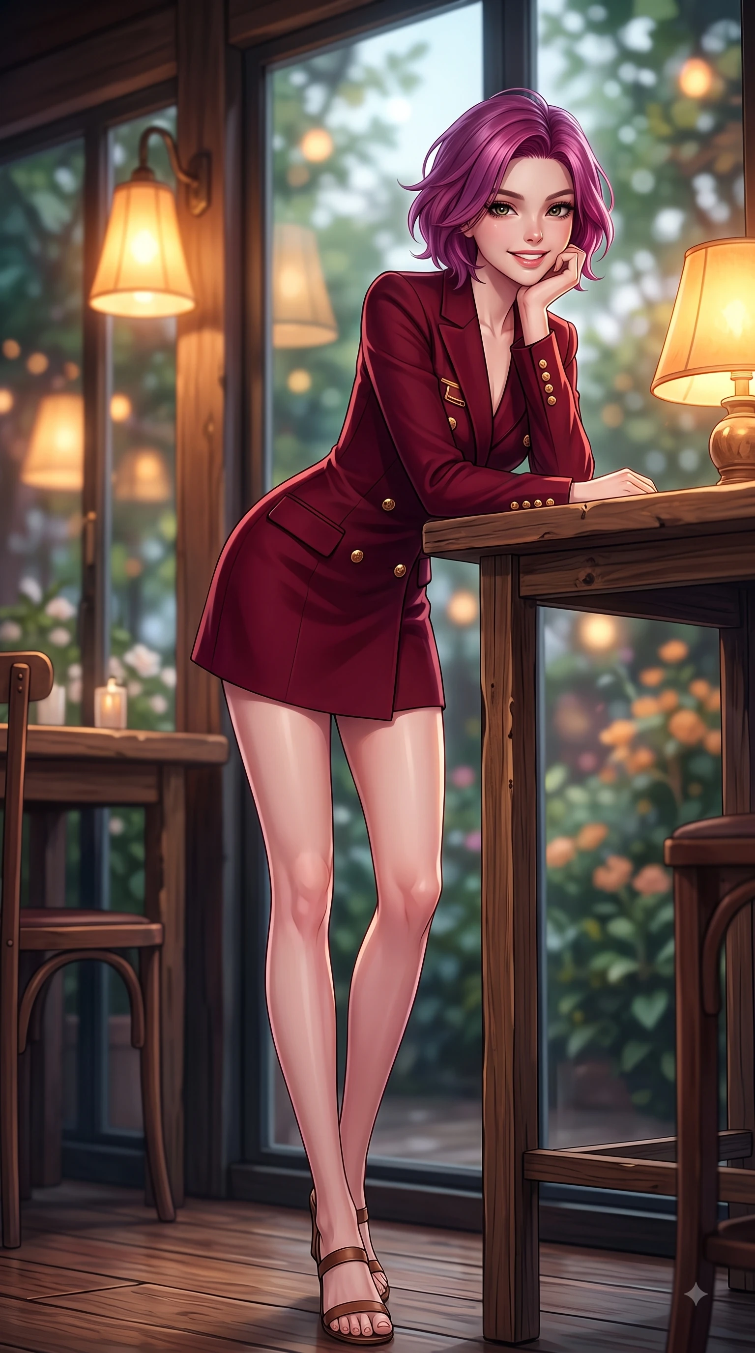 score_9, masterpiece, best quality, ultra-detailed, high-budget anime keyframe, editorial fashion photography, tasteful artistic composition, Caucasian woman. low angle full-body shot from head to toe showing her feet, filling the entire 9:16 vertical frame with her statuesque presence, stretching her vertical silhouette. pivoting dynamically with a fresh infectious smile, her ultra-slim waist creating a sweeping fluid curve while resting her chin playfully on her hand at a rustic wooden table with a sweet smile. The composition keeps background elements in soft focus with dreamy bokeh. garden leaves outside glass windows softened by gentle warm depth of field. She has an absolutely perfect, statuesque 8.5-heads proportion, an exceptionally tall and slender model-like female figure with impossibly long slender legs and an ultra-slim waist. sharp v-shaped jawline, high-bridge nose, intricate jewel-like eyes with depth, thick eyelashes, glossy lips with a natural sheen, flawlessly proportioned anatomical accuracy, natural body alignment, perfectly sculpted elegant limbs, clean dynamic posture without body distortion. wearing a sleek double-breasted blazer dress with gold button accents in deep burgundy red and bronze accent, tailored from fine wool crepe with clean lines, adorned with delicate gold buttons along the front, the elegant draped fit framing her graceful clavicle and slender torso. illuminated by soft glowing amber indoor lamps and natural garden reflections. highly saturated vibrant anime colors, detailed shading with soft gradients, rich glossy textures, high-contrast stereoscopic depth, volumetric dynamic lighting, master piece, 9:16 ratio