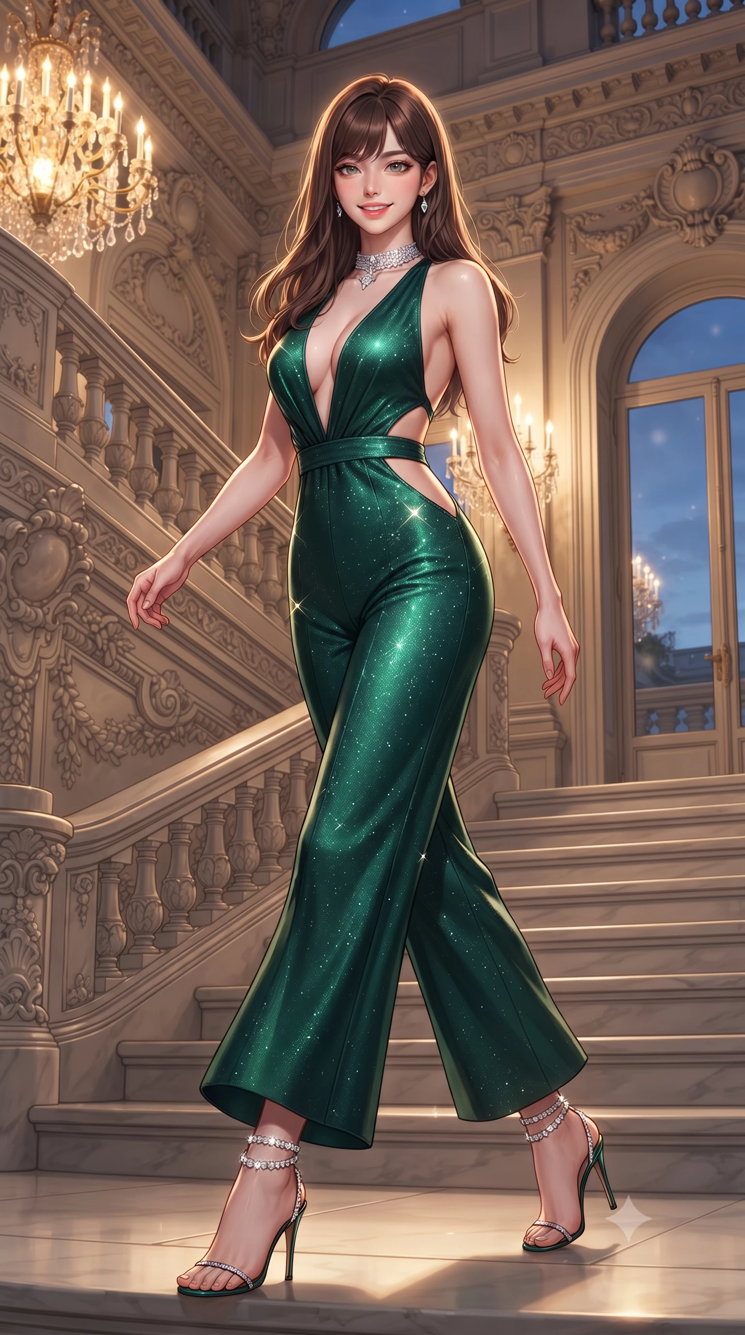 score_9, masterpiece, best quality, ultra-detailed, high-budget anime keyframe, editorial fashion photography, tasteful artistic composition, Korean woman. low angle full-body shot from head to toe showing her feet, filling the entire 9:16 vertical frame with her statuesque presence, stretching her vertical silhouette. stepping forward in a confident stride, her long slender legs and curvaceous hips creating a dynamic, sweeping vertical line while walking slowly down the grand marble stairway as the warm Riviera sea breeze molds her gown to her narrow waist and curvy hips, flashing a radiant teasing smile. The surrounding environment is rendered in vivid detail and crisp panoramic clarity: detailed liquid silk gown texture, sparkling diamond choker facets, and Belle Époque architectural relief in razor-sharp precision. She has an exceptionally tall and slender model-like 8.5-heads proportion, an ultra-slim waist, a flat toned midriff, narrow delicate ribcage, and beautifully sculpted feminine hips creating a graceful, slim hourglass silhouette without any bulky heaviness, with impossibly long slender legs. sharp v-shaped jawline, high-bridge nose, intricate jewel-like sparkling eyes with depth, thick eyelashes, glossy parted lips with a natural peach sheen, bright cheerful beaming smile with an enchanting and coquettish sensual glint, exuding both youthful cute charm and seductive allure, flawlessly proportioned anatomical accuracy, strict slender model proportions, natural body alignment, perfectly sculpted long slender limbs, ultra-slim waistline, clean dynamic posture without body distortion. wearing a backless plunge-front silk satin jumpsuit with fluid wide-leg silhouette and daring side hip cutouts in Monte Carlo casino emerald green and polished brass, woven from stretch metallic lurex jersey casting radiant starlight glints across her curves, complemented by strappy stiletto sandals with crystal ankle wraps accentuating her slender calves, the precision-cut side openings and low-back scoop framing her graceful spine and the sensual sweep of her slim, toned hips. bathed in the opulent golden 2800K glow of neoclassical crystal chandeliers spilling from palace French doors mixed with Mediterranean dusk sky. ultra-reflective glossy finish, specular highlights, rich textural contrasts, high-contrast stereoscopic depth, volumetric dynamic lighting, 2k, ultra detail, master piece, 9:16 ratio