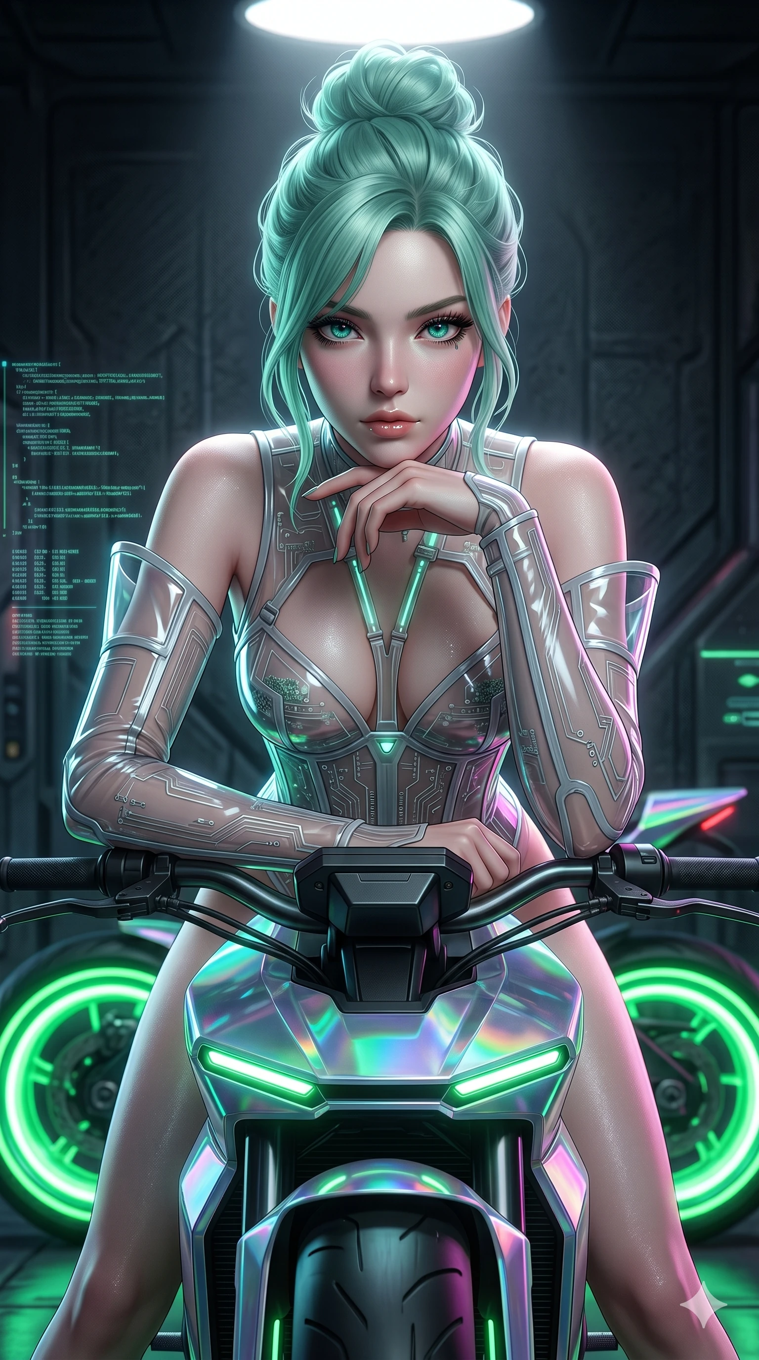 score_9, masterpiece, best quality, ultra-detailed, high-budget anime keyframe, editorial fashion photography, tasteful artistic composition, Japanese woman. Upper body close-up from the thighs up, character filling the screen for maximum presence. She is leaning over a sleek, glowing holographic cyberpunk motorcycle. She rests her chin on the handlebars, looking directly at the camera with an intense, sultry gaze. She has an absolutely perfect 8-heads proportion, an exceptionally tall and slender female figure with impossibly long slender legs and an ultra-slim waist. V-shaped jawline, high-bridge nose, intricate jewel-like eyes with depth, thick eyelashes, glossy lips with a natural sheen. She is wearing a translucent cybernetic corset in semi-opaque structured vinyl, combined with detached sleeves and a deep-plunging neckline secured by glowing micro-straps. The scene is lit by the neon green wheels of the bike and a bright overhead studio spotlight. 2k, ultra detail, master piece, 9:16 ratio