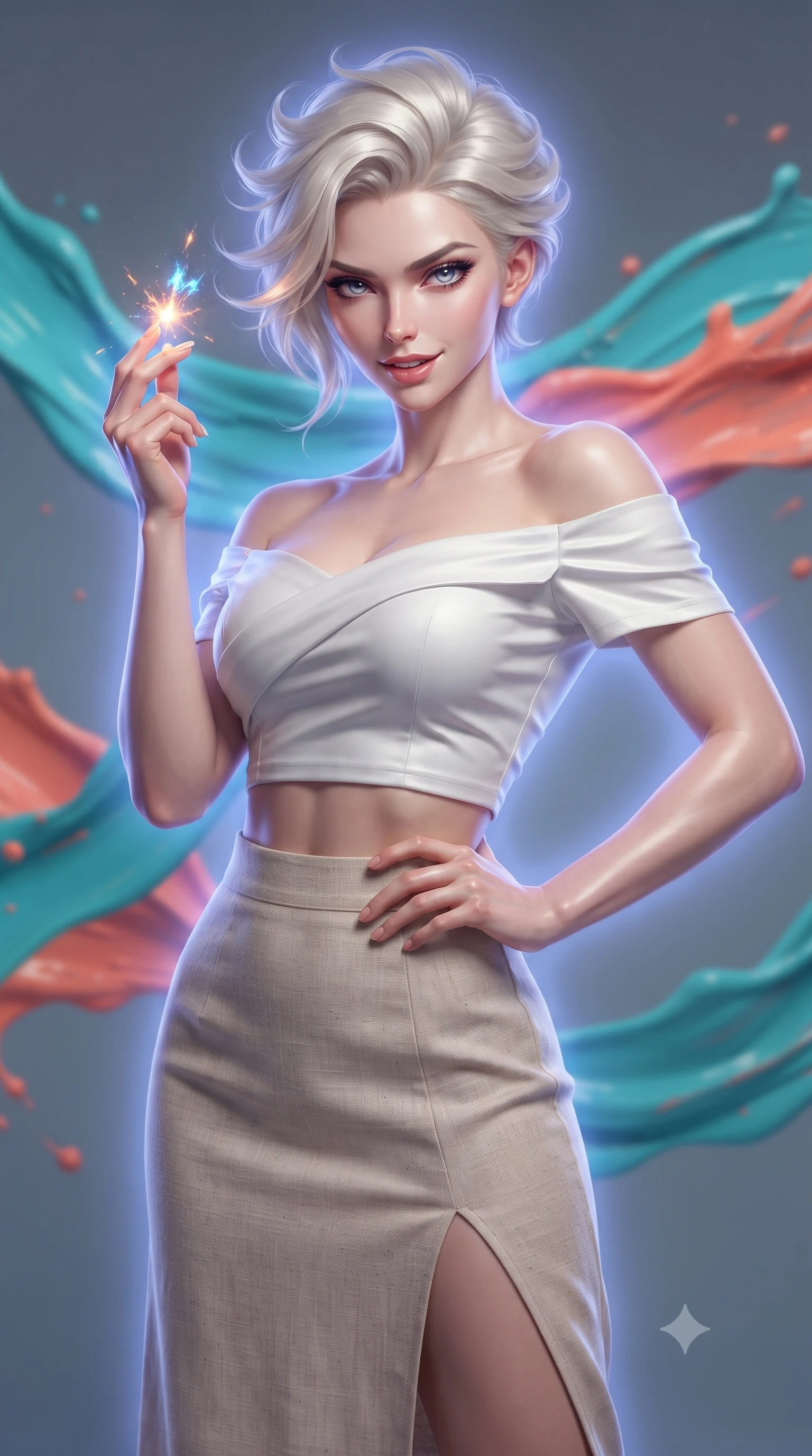 score_9, masterpiece, best quality, ultra-detailed, high-budget anime keyframe, editorial fashion photography, tasteful artistic composition, realistic cosplay photography, Caucasian woman, strictly human ears. close-up cowboy shot from the waist and thighs up, the character dominates the composition, filling the frame with her large presence, background elements kept in soft focus. Snapping a finger to ignite a spark of magic, lips parted in a self-assured smirk. set against a soft-focus background of a space where waves of thick, wet acrylic paint in turquoise and coral are sweeping across the air like fluid ribbons. She has an exceptionally elegant and slender, willowy female figure with an ultra-slim waist, a gracefully sculpted slender torso, and a refined slim physique. sharp v-shaped jawline, high-bridge nose, intricate jewel-like eyes with depth, thick eyelashes, glossy lips with a natural sheen. wearing the lightweight fabric rippling and billowing dramatically with her movement, a tailored white off-shoulder crop top paired with a high-waisted beige linen skirt featuring a high side slit. cool ethereal blue-violet bioluminescent glow wrapping around her from all sides. ultra-reflective glossy finish, specular highlights, metallic sheen, high-contrast stereoscopic depth, volumetric dynamic lighting, 2k, ultra detail, master piece, 9:16 ratio