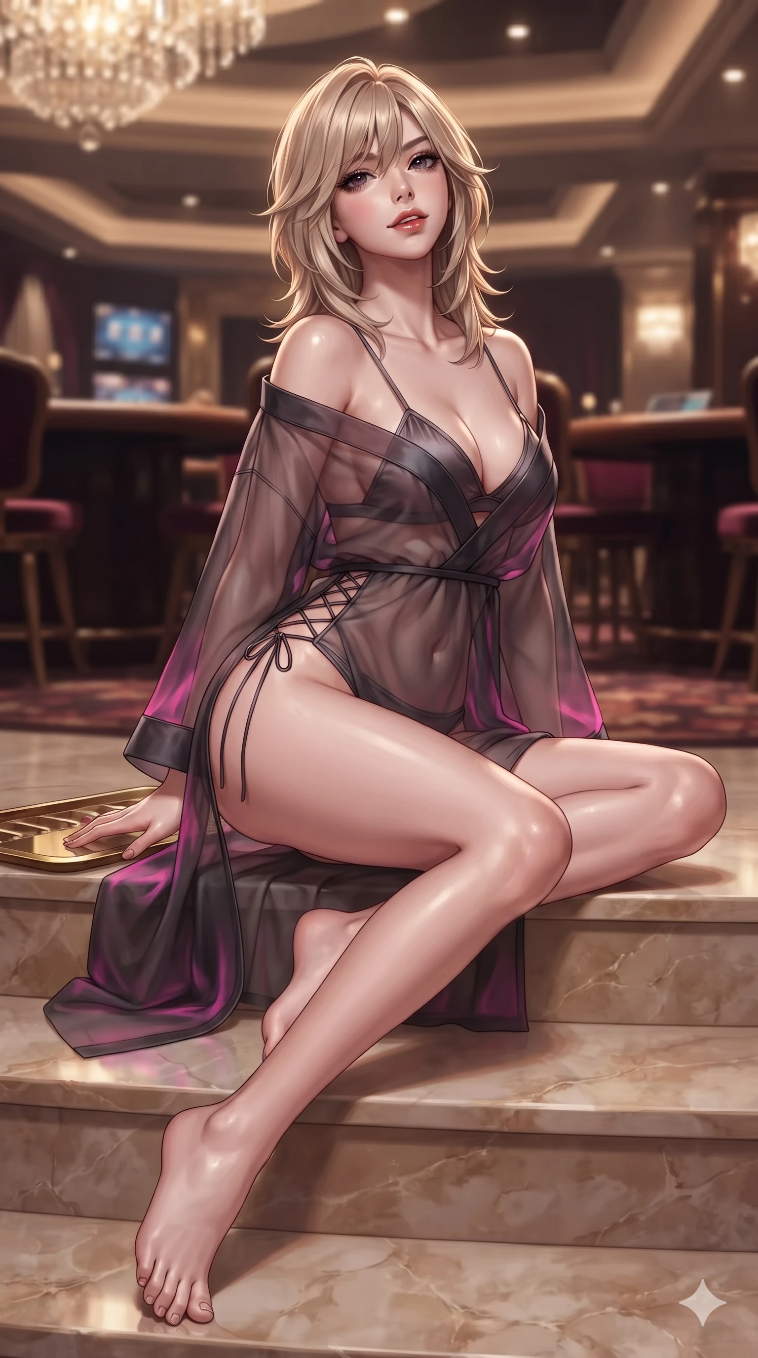 score_9, masterpiece, best quality, ultra-detailed, high-budget anime keyframe, editorial fashion photography, tasteful artistic composition, Japanese woman. low angle full-body shot from head to toe showing her feet, filling the entire 9:16 vertical frame with her statuesque presence, stretching her vertical silhouette. sitting poised on the warm marble steps with one knee bent, arching her spine with supermodel elegance as she glances upward through thick eyelashes while twisting her slender torso in an alluring contrapposto stance beside the polished brass chip tray, chandelier prisms dancing across her curves. The background shows a soft-focus ultra-exclusive VIP casino salon softened in luxury gaming shallow focus. She has an exceptionally tall and slender model-like 8.5-heads proportion, an ultra-slim waist, a flat toned midriff, narrow delicate ribcage, and beautifully sculpted feminine hips creating a graceful, slim hourglass silhouette without any bulky heaviness, with impossibly long slender legs. sharp v-shaped jawline, high-bridge nose, intricate jewel-like dark sparkling eyes with dangerous depth, thick curled eyelashes, glossy parted lips with a rich wine sheen, smoldering seductive half-smile with bedroom-eyes, exuding effortless superiority and intoxicating dark allure, flawlessly proportioned anatomical accuracy, strict slender model proportions, natural body alignment, perfectly sculpted long slender limbs, ultra-slim waistline, clean dynamic posture without body distortion. wearing a sheer gossamer organza evening kimono slipping off bare shoulders over a matching satin micro-bralette and briefs in wet asphalt charcoal and neon magenta reflections, tailored from heavy double-faced silk georgette with an exceptionally fluid drape, featuring fine criss-cross lace-up side ties revealing tantalizing glimpses of her hip curve, the precision-cut side openings and low-back scoop framing her graceful spine and the sensual sweep of her slim, toned hips. illuminated by polished mahogany table bounce and sharp champagne-gold rim lights sculpting her razor-sharp jawline, narrow waist, and curvy hips. ultra-reflective glossy finish, specular highlights, rich textural contrasts, high-contrast stereoscopic depth, volumetric dynamic lighting, 2k, ultra detail, master piece, 9:16 ratio
